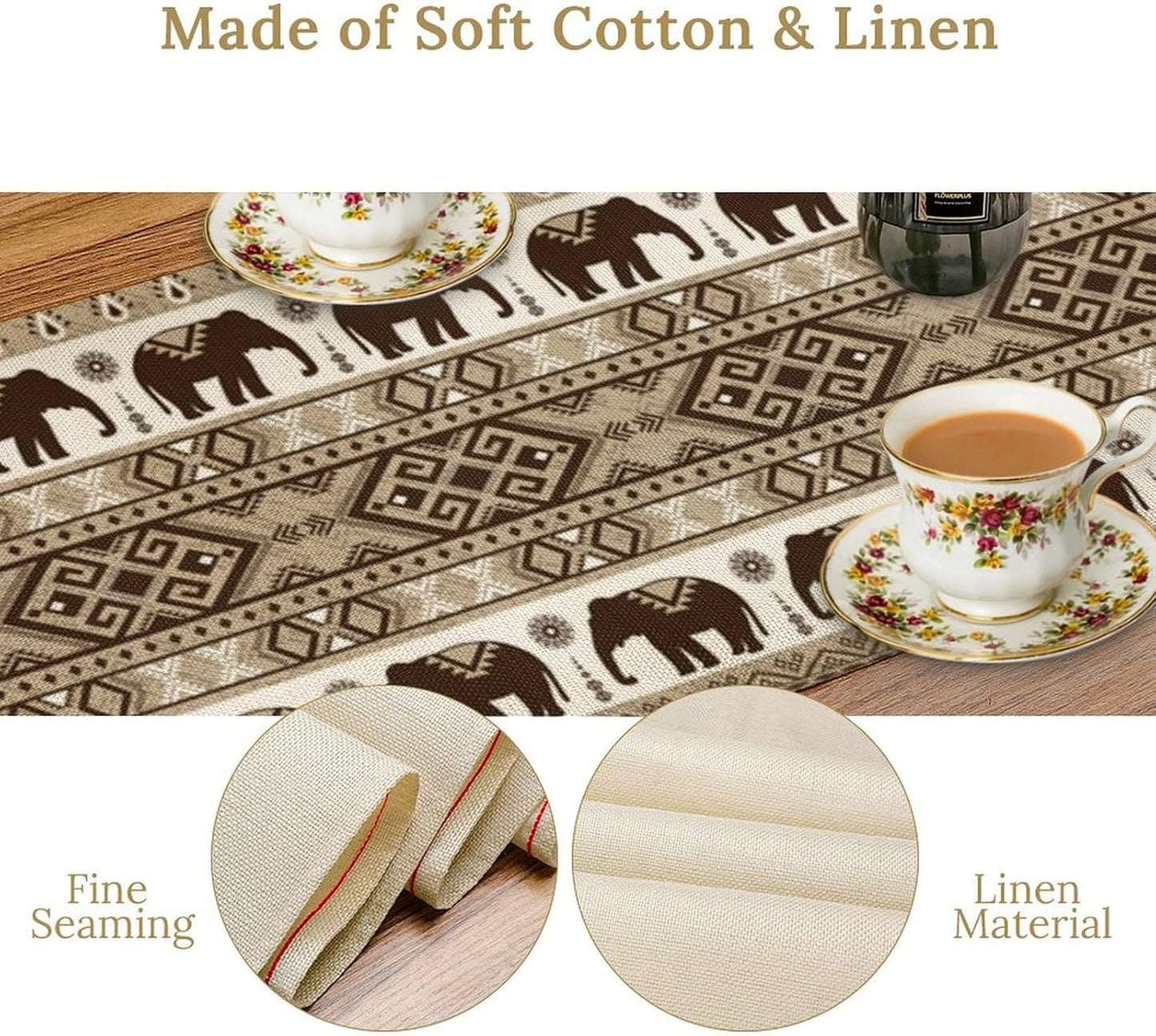 Ethnic Table Runner, Rustic Farmhouse Boho Indian Bohemian Elephant Aztec Tribal Print Beige Table Center Decor for Home Kitchen Dining Patio Holiday Party Indoor Table Decorations, 13"x90" Inch