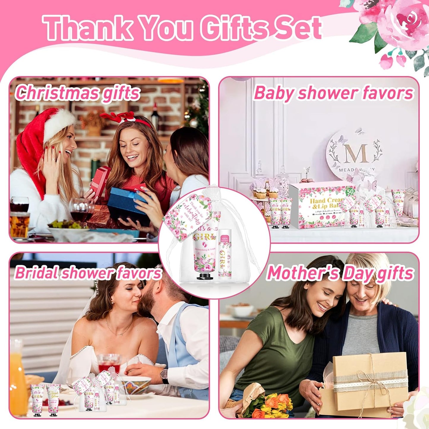 50 Pack Bulk Hand Cream and Lip Balm Gifts Sets, Baby Shower Favors and Bridal Shower Favors for Guests with Thank You Card and Organza Gift Bags, Appreciation Gifts, Wedding Party Favors (Baby Girls)