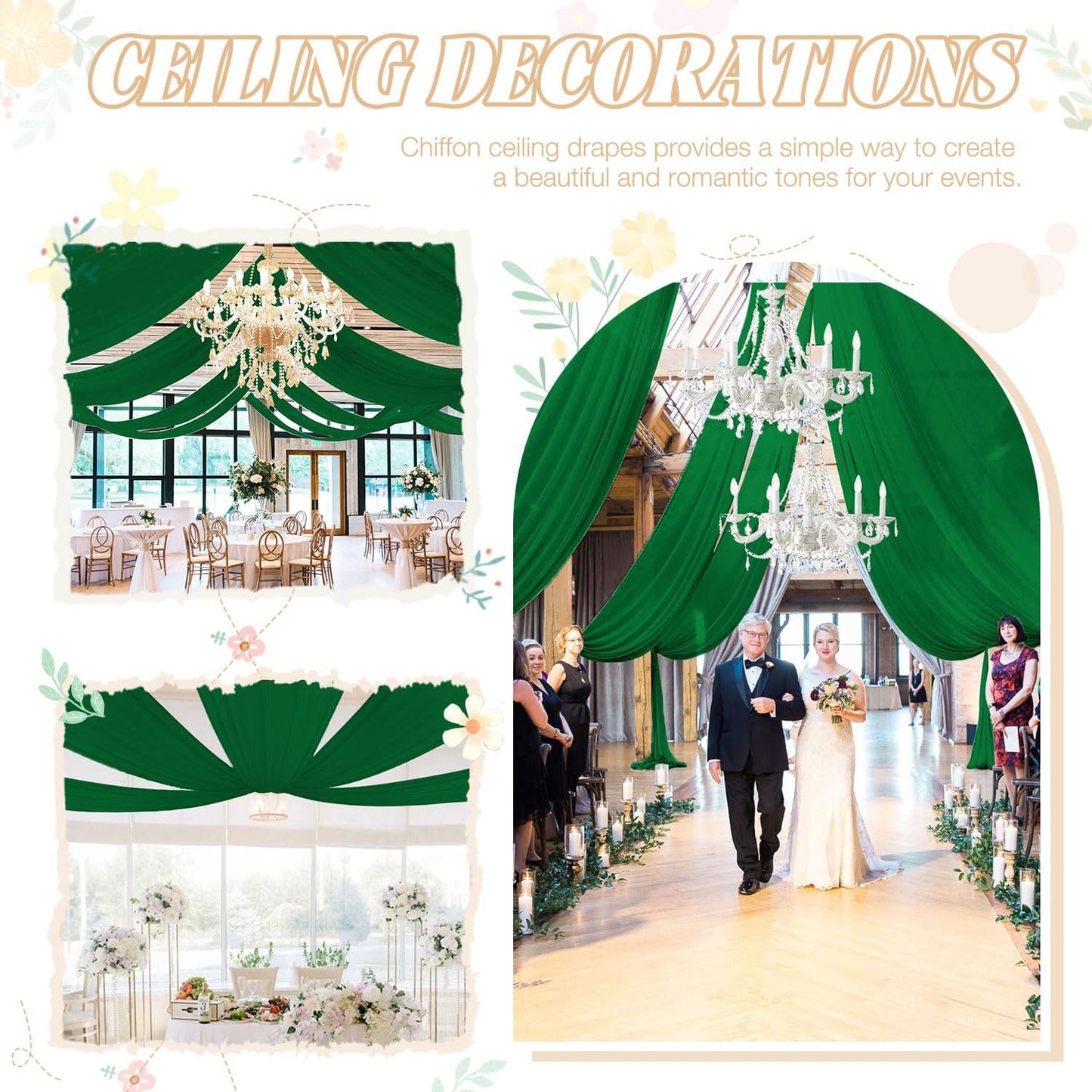 FUHSY Emerald Green Ceiling Drapes Wedding Arch Drapes Chiffon Backdrop Curtains 5FTx20FT 2 Panels Sheer Ceiling Curtains for Wedding Party Bridal Archway Chiffon Fabric Drapery Stage Decorations