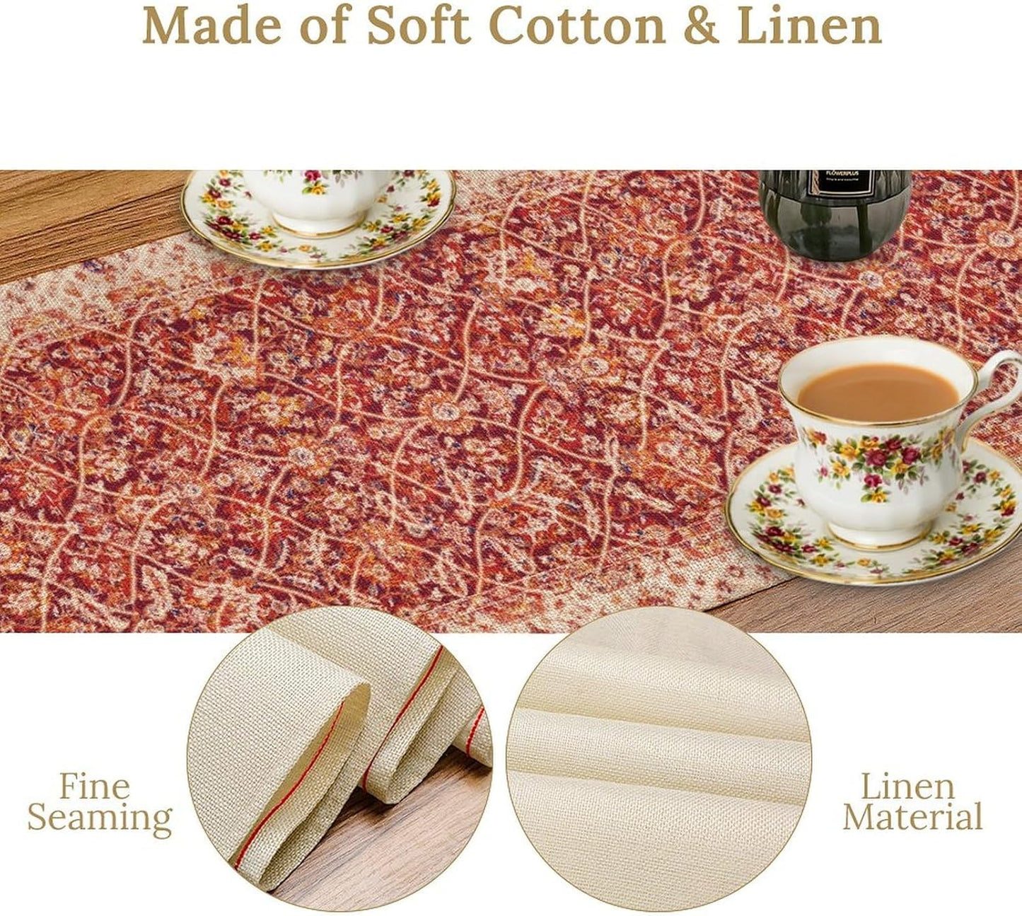 Boho Floral Vintage Table Runner, Retro Red Flower Rustic Country Farmhouse Abstract Pattern for Home Kitchen Table Decor Dining Coffee Room Party Decor 13x90in