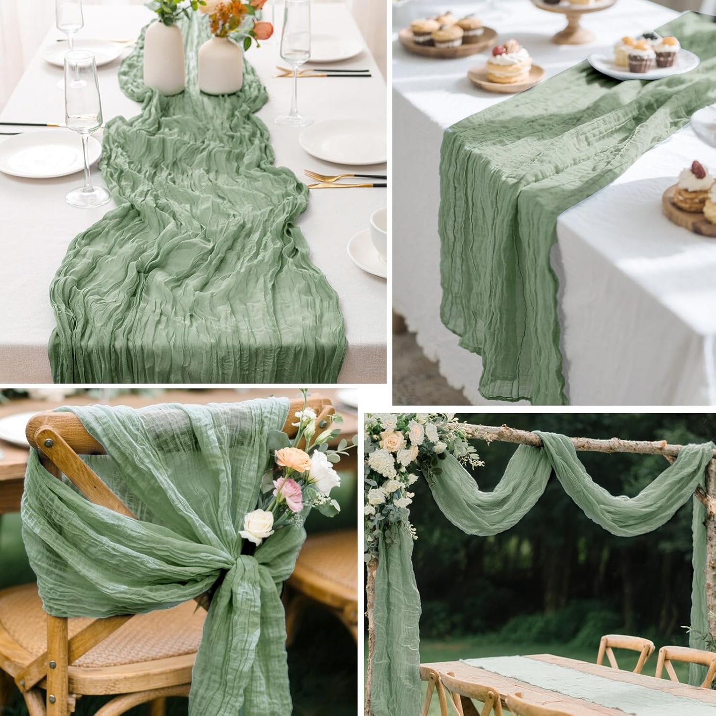 2 Pcs Sage Green Cheesecloth Table Runner - 120 inch 10FT Boho Rustic Gauze Cheese Cloth Table Runner Decor for Spring Summer Party Wedding Birthday Baby Bridal Shower Home
