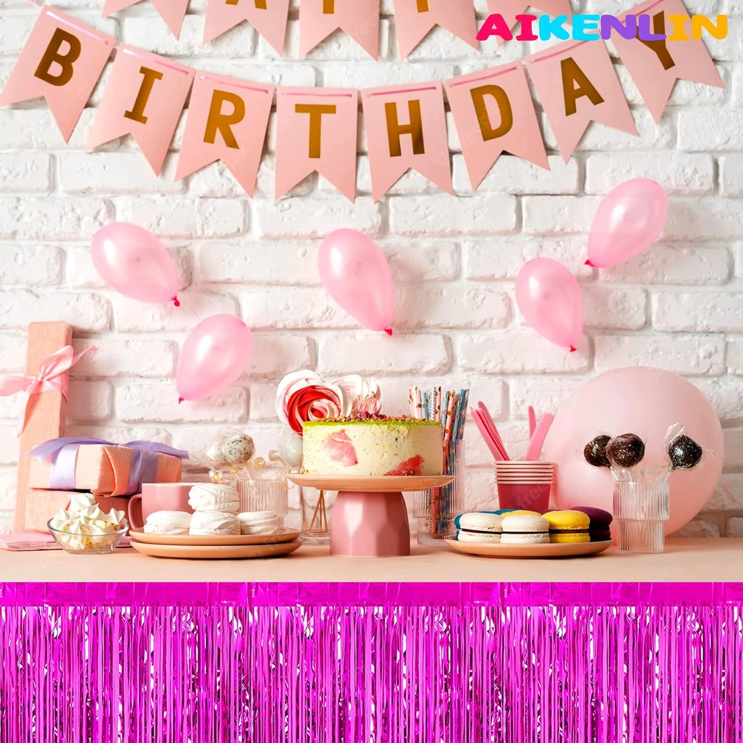 6 Pack 29x108 Inch Metallic Foil Fringe Tinsel Table Skirts Banner for Rectangle Tables Streamer Garland Curtains Backdrop for Wedding, Birthday, Parade Floats, Christmas Party Decoration(Fuchsia)