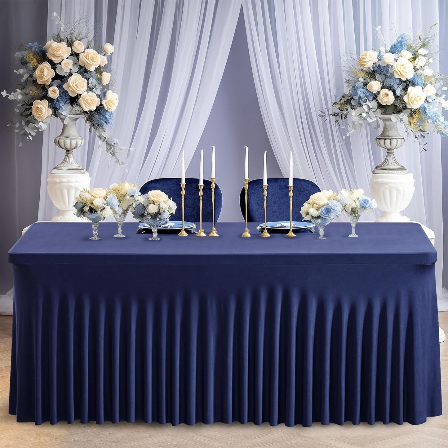 Wish Care 2 Pack Navy Blue Spandex Table Clothes for 8 Foot Rectangle Tables, 8FT Wrinkle Free Fitted Tablecloths Ruffles Design Table Cover for Party, Banquet, Wedding and Events