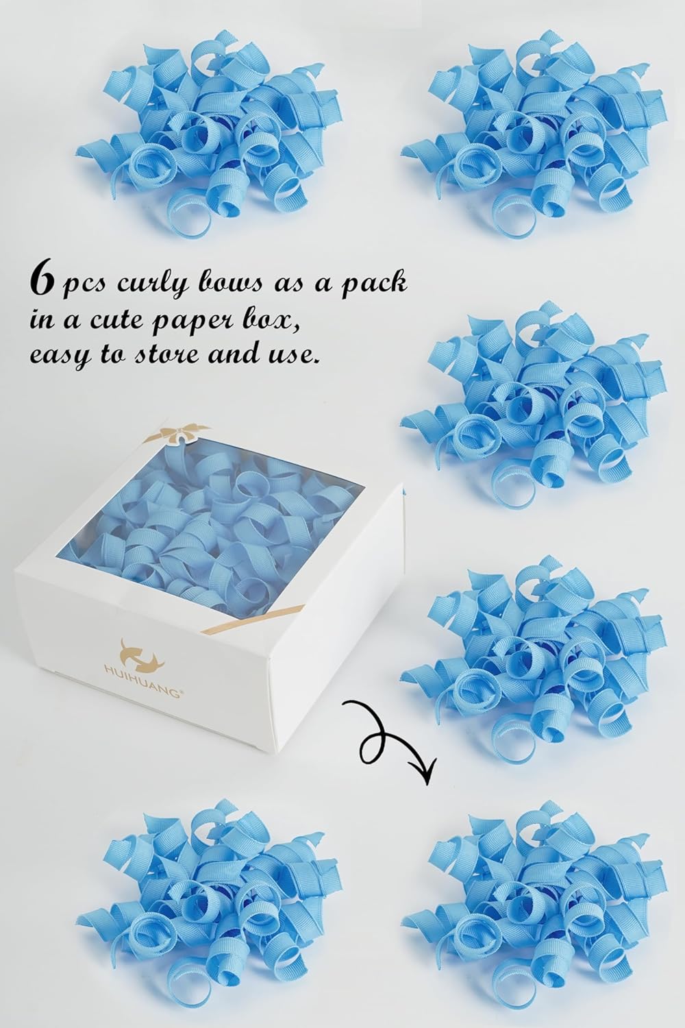 HUIHUANG Baby Blue Bows for Gift Wrapping, Blue Curly Ribbon Bows Self Adhesive Burst Gift Bows for Presents, Wine Bottle, Treat Bags, Wrap Accessories, Baby Shower, Wedding Party Favor - 6 Counts