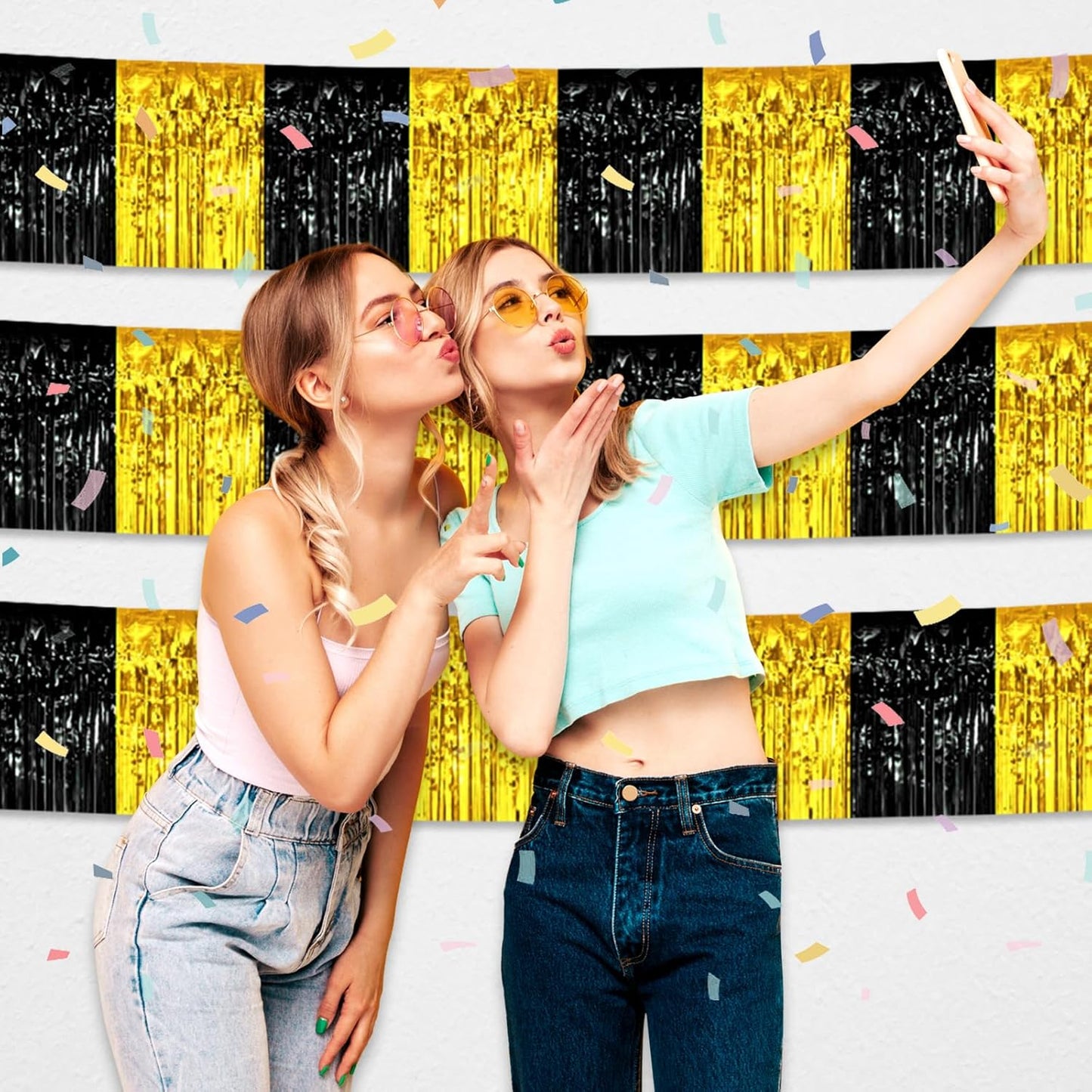 6 Pack 10 Feet Black Gold Foil Fringe Garland Metallic Tinsel Streamers Banner Wall Hanging Curtain Backdrop for Parade Floats, Birthday, Graduate, Mother's Day, Wedding Party Decoration