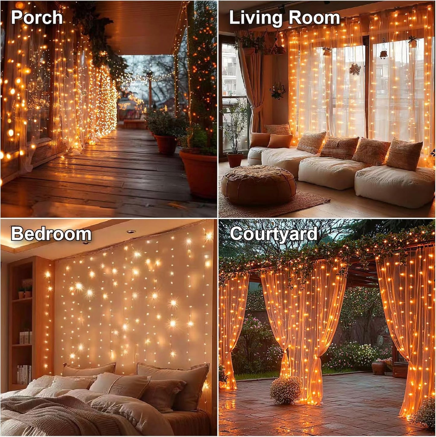 HXWEIYE 300LED Fairy Curtain Lights, 9.8x9.8Ft USB Plug-in 8 Modes Christmas String Hanging Lights with Remote for Bedroom Backdrop Wedding Party Indoor Wall Decor, Orange