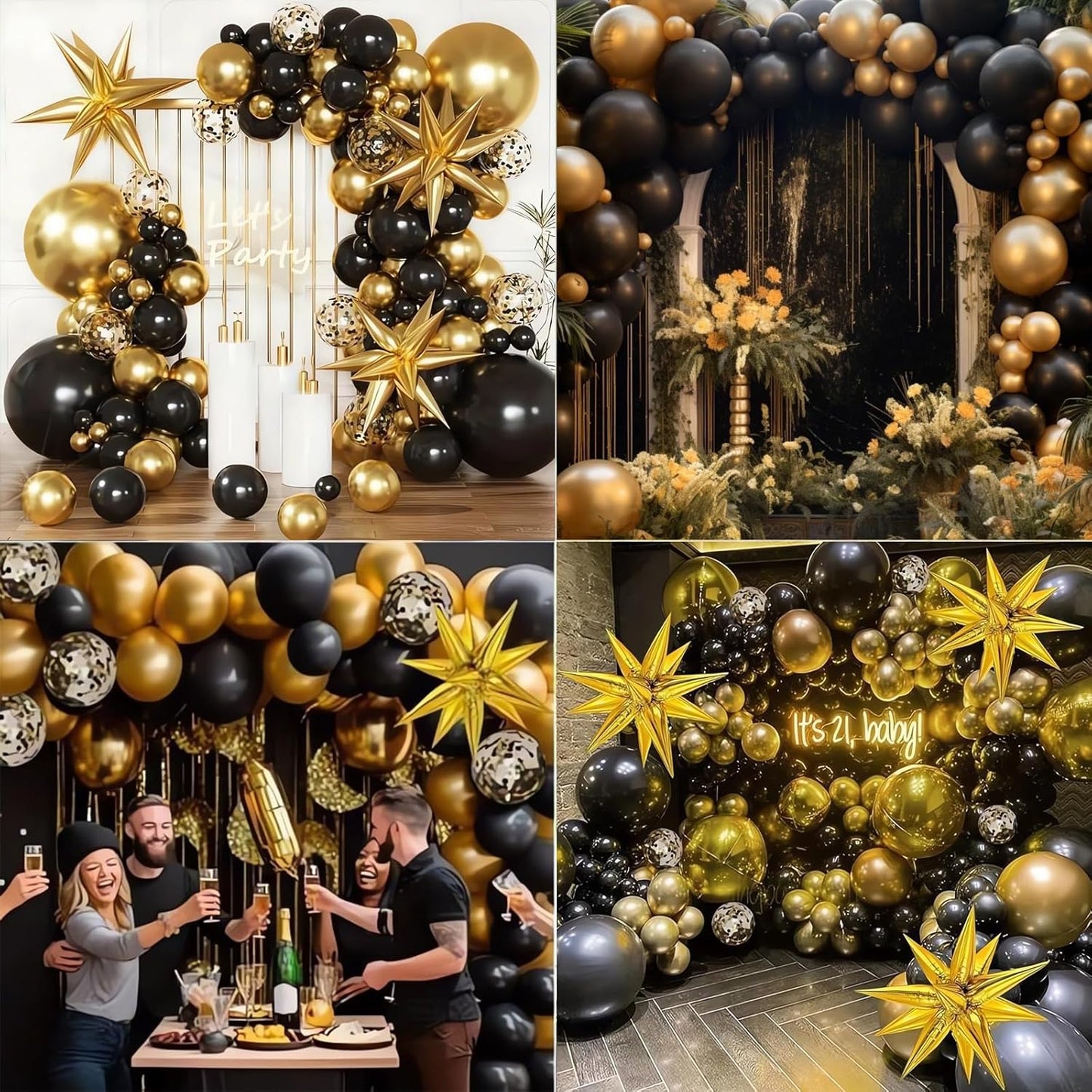 Balloon Column Kit for Floor- Balloon Stand kit set of 2, with Black&Gold Metallic Chrome balloon, Base&Pole,Tower Backdrop Decoration for Wedding, Baby Shower, Birthday Party, or Bachelorette