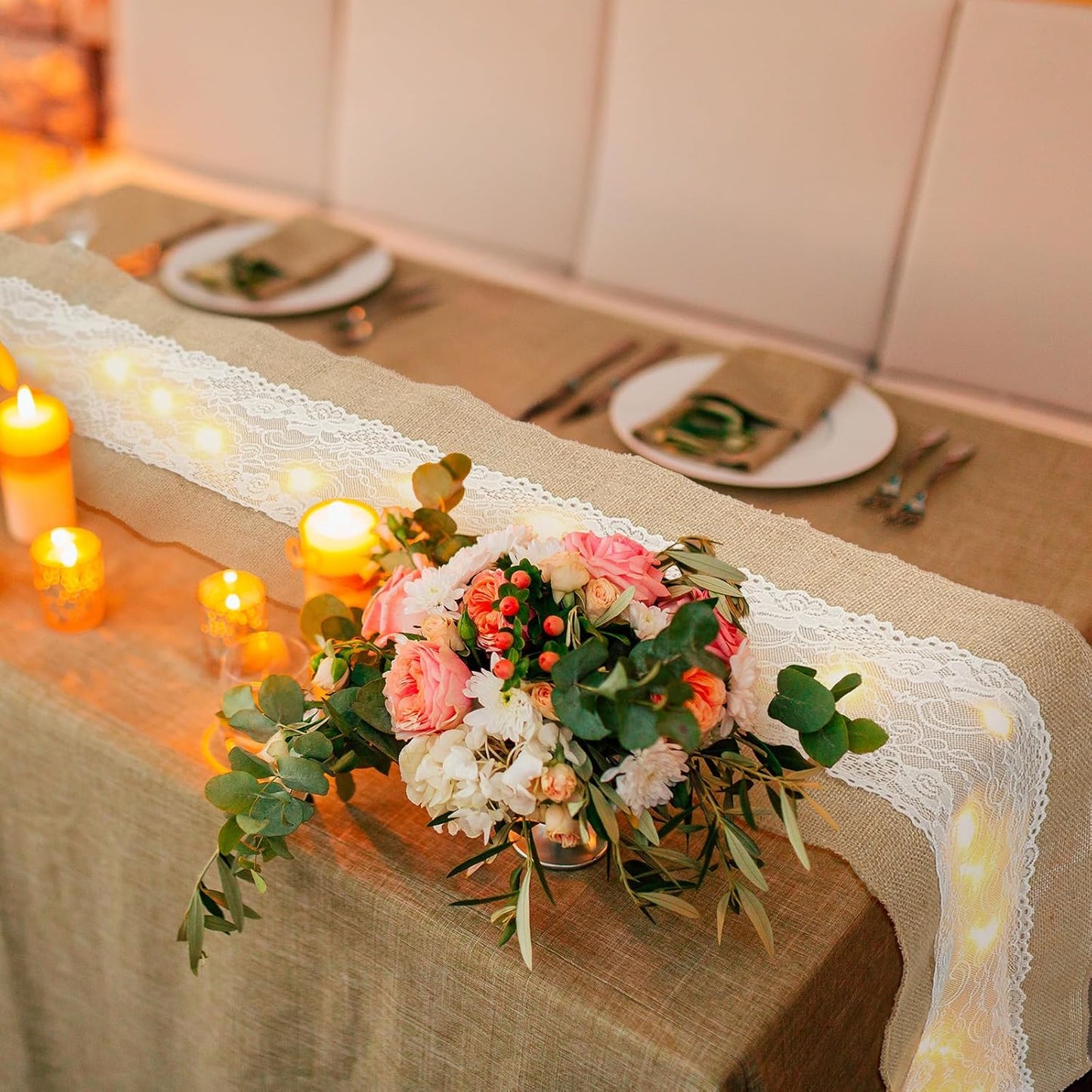Xinnun 6 Pcs Burlap Table Runner with Lights 12 x 108 Inches Burlap Lace Table Runner Rustic Wedding Decorations Home Party (Flower)