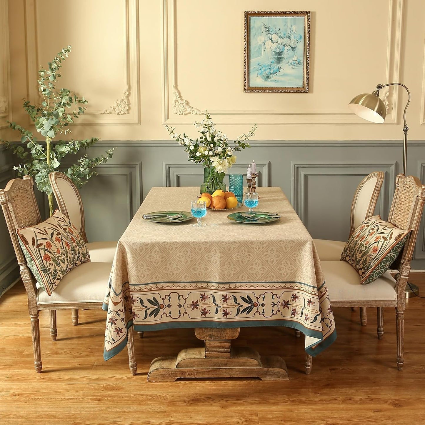 patdrea Designer French Linen Long Tablecloth for Rectangle Table,Beige Anti-Wrinkle Floral Farmhouse Table Cloth,Decor Covers for Kitchen Dining,Tea Party,Christmas,Thanksgiving,63"x94"-Fram