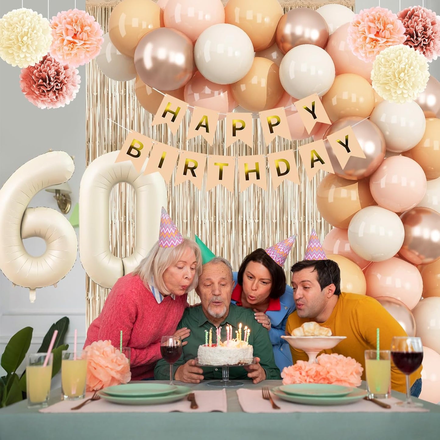 Beige 60th Birthday Decorations for Women Cream Number 60 Balloon Nude Gold Happy Birthday Banner Fringe Curtain Paper Pom Poms Blush White Sand Champagne Star Foil Balloons Neutral Boho Party Decor