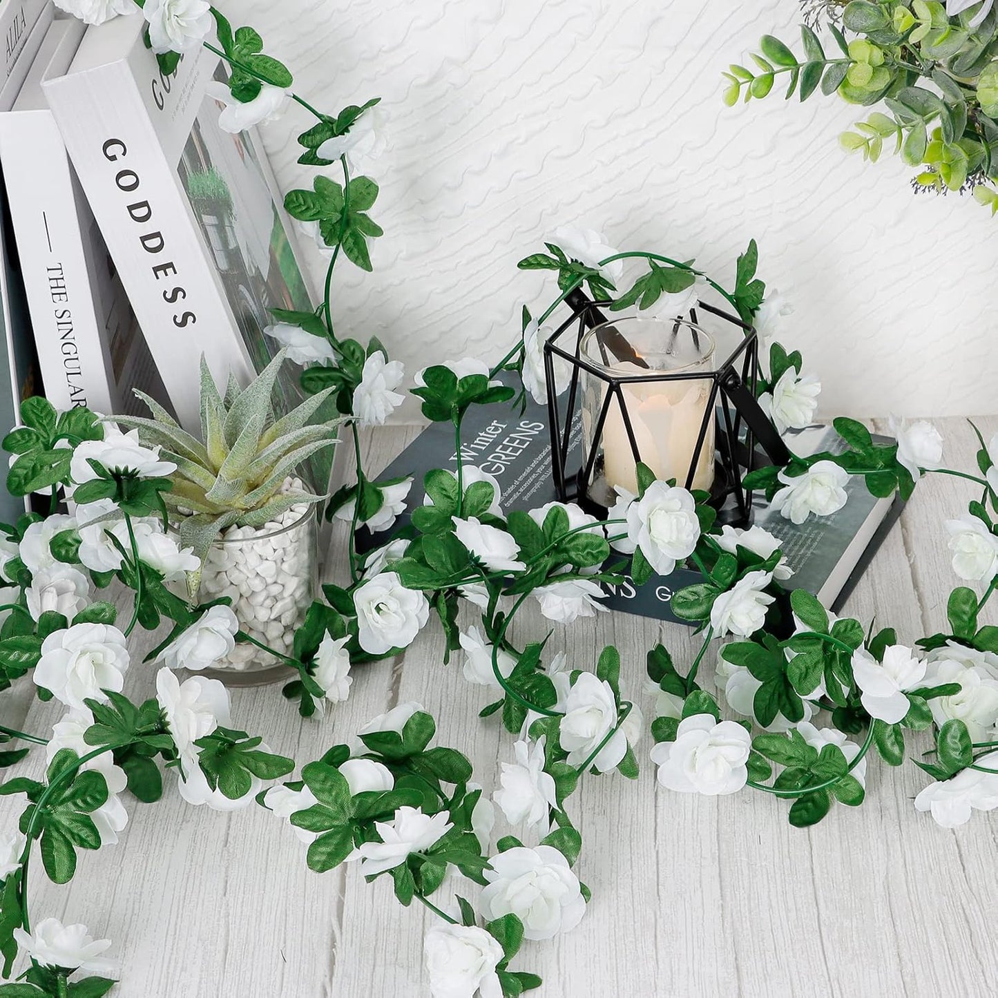 KHOYIME 9 Pack 72 FT Artificial Flower Garland, Fake White Roses Vines Silk Flowers Faux Plastic Outdoor Hanging Floral Ivy Garland Decoration for Wedding Arch Bedroom Home Wall Backdrop Room Decor