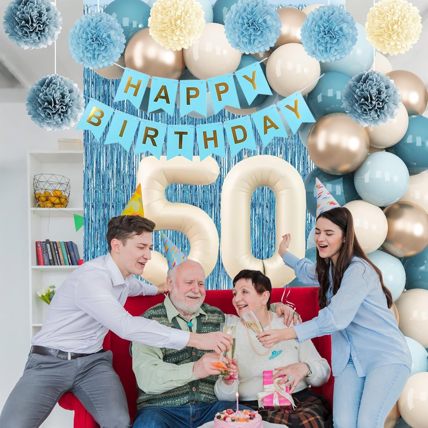 Dusty Blue 50th Birthday Party Decorations for Women Men Beige Cream Number 50 Balloon with Blue Gold Happy Birthday Banner Fringe Curtain Paper Pom Poms Nude White Sand Champagne Star Foil Balloons