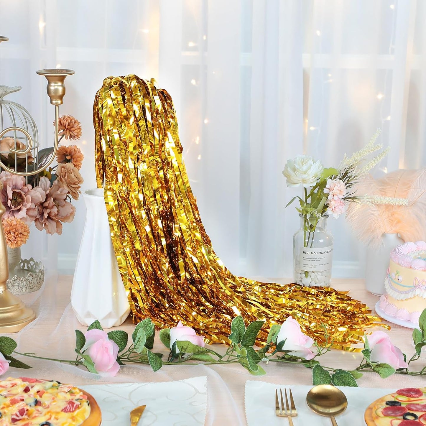 50 Pcs Wedding Fairy Wands with Bells Foil Tinsel Ribbon Stick Wands Tinsel Party Streamers with Bell Glittery Bridal Wedding Send Off Ideas Holiday Celebration (Gold)