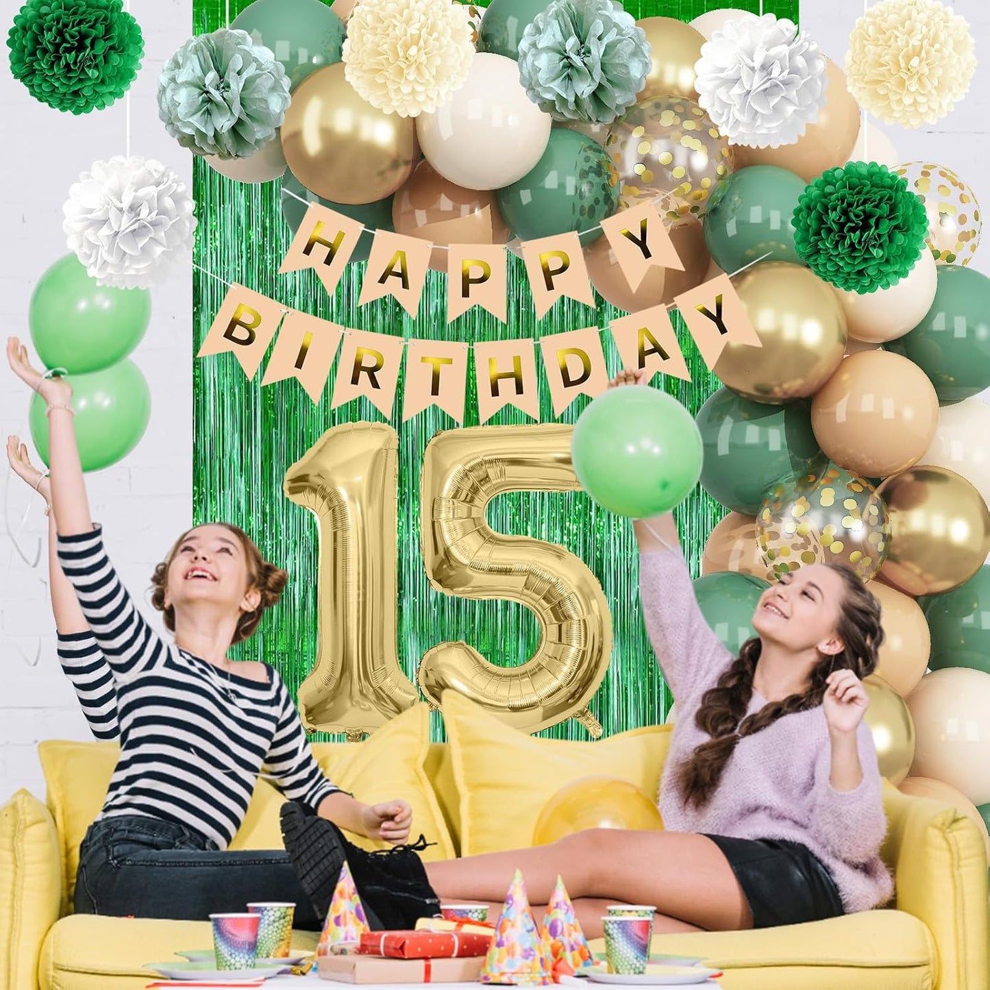 Sage Green 15th Birthday Decorations for Boys Girls Gold Number 15 Balloon Nude Gold Happy Birthday Banner Fringe Curtain Paper Pom Poms Olive Green Cream White Sand Star Foil Balloons Party Decor