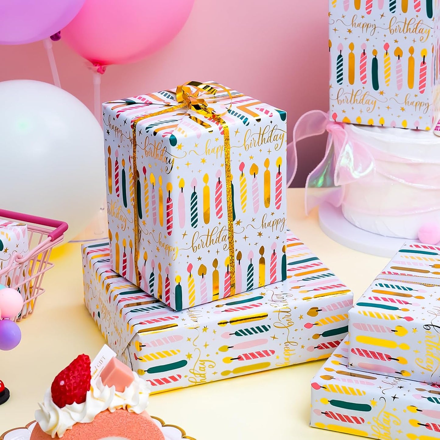 Yarcony Birthday Candle Wrapping Paper Roll - 17Inch X 33Feet - Elegant Rainbow Gold Foil Candles Gift Wrap Paper for Girl's Birthday, Christmas, Holiday, Party and Sophisticated Celebration