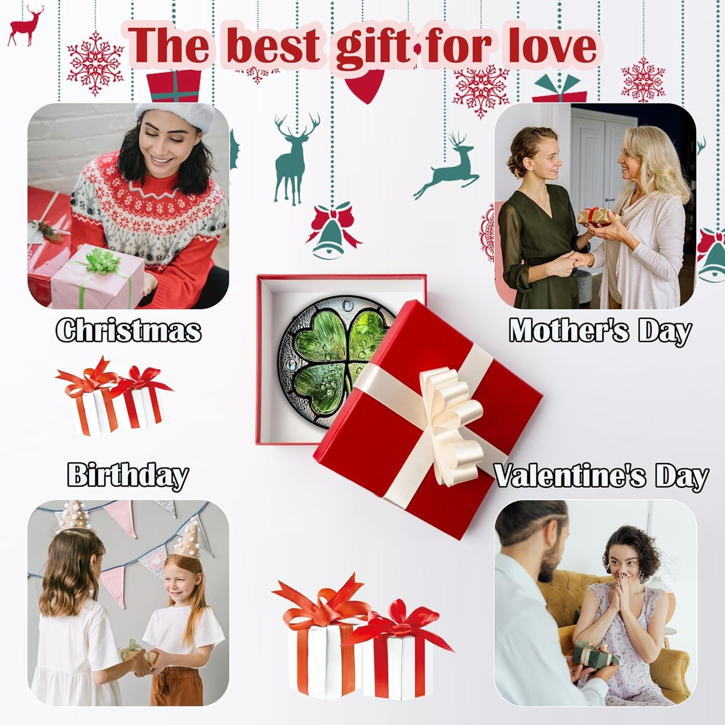 Stained Glass Window Hanging, Green Silver 4 Leaf Clover Sun Catcher for Window Door Home Decor Plant Suncatcher Christmas Mother's Day Birthday Gifts for Women Men Mom Nana 9.8 in