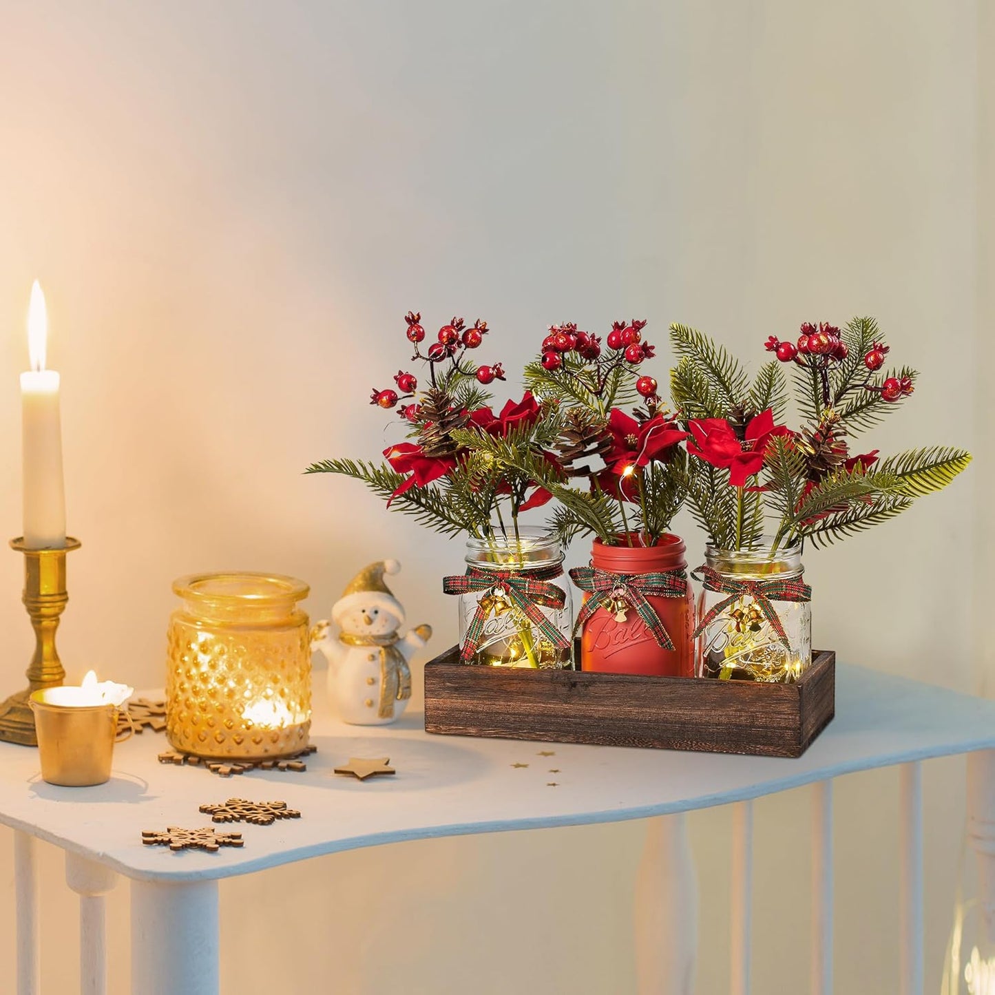 3 Pcs Mason Jar Centerpiece Decorations for Christmas Table Decor Farmhouse Coffee Table Decor Christmas Kitchen and Room Decor,Red