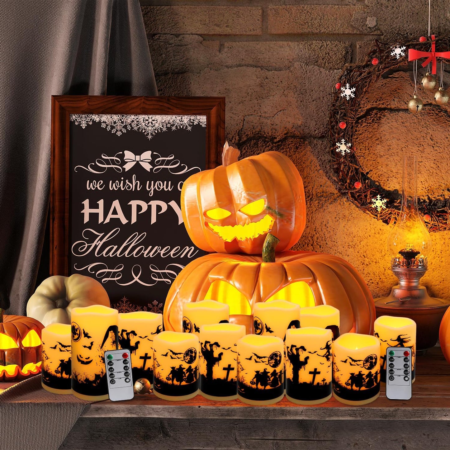 12-Pack Halloween-Flameless Led Pillar Candles,Remote Control and Timer Functions,