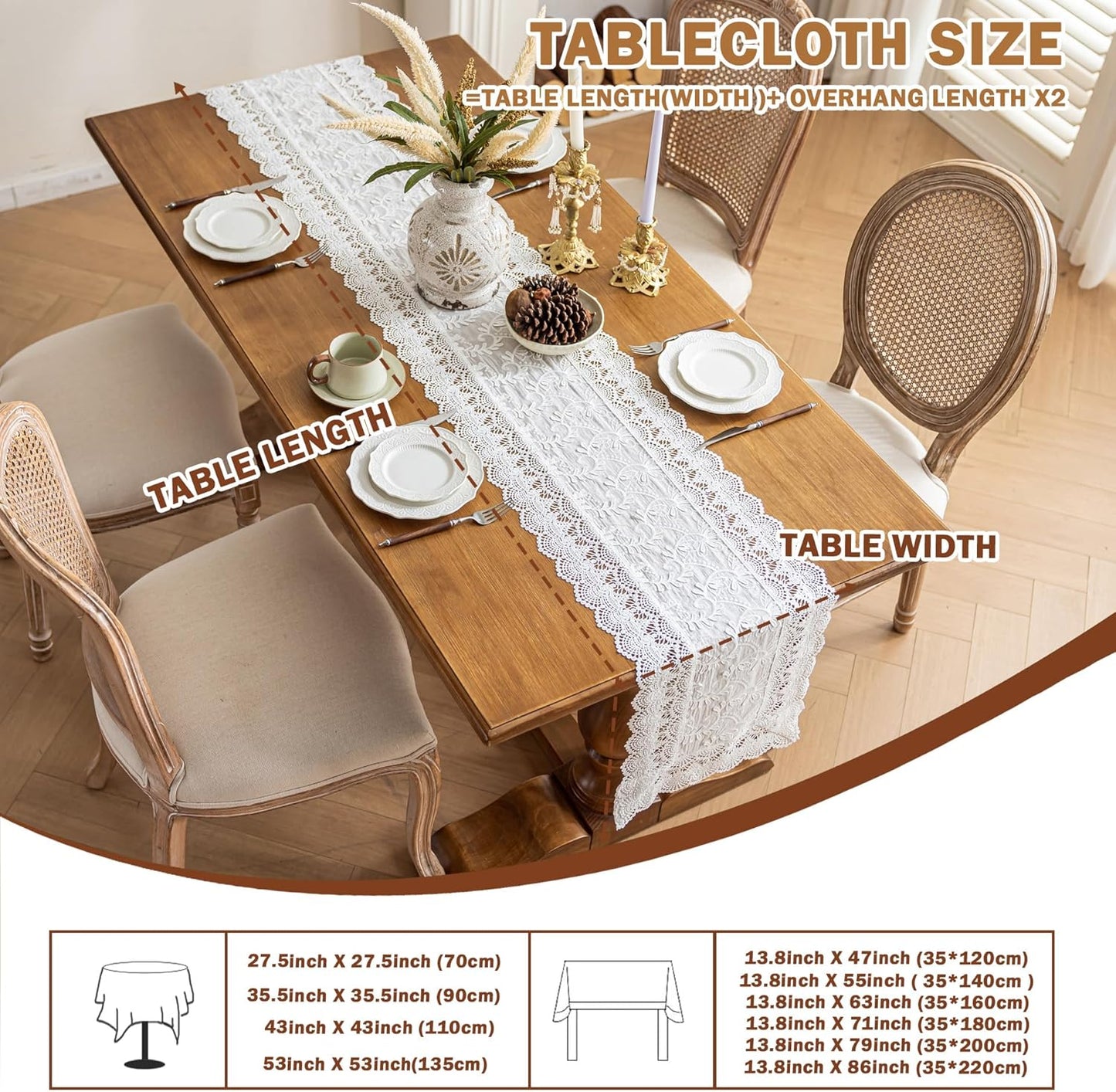 White Elegant Vintage Lace Table Runner,Wedding Lace Decor with Floral Embroidery,Tea Party Decor (White, 13.8X55 Inches)