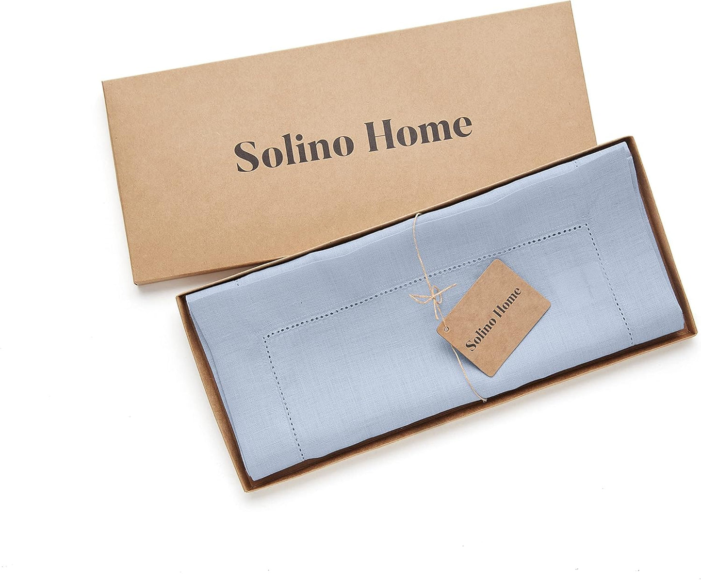 Solino Home Linen Sky Blue Table Runner 120 Inches Long - 100% Pure Linen Hemstitch 14 x 120 Inch Table Runner for Dining, Holiday - Classic Hemstitch