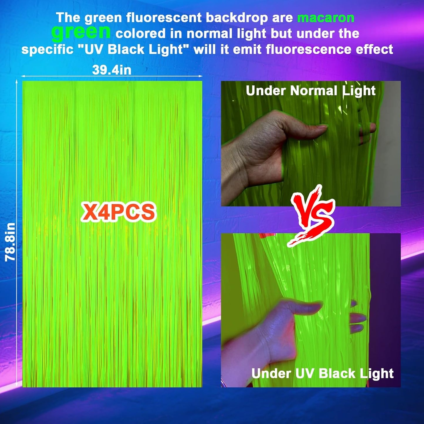 4 Packs Glow in The Dark Foil Fringe Curtain, Macaron Yellow Blacklight Reactive Fluorescent Tinsel Backdrop Neon Luminous Streamers for Birthday, Wedding, Neon Party, Glow Party Decorations Supplies