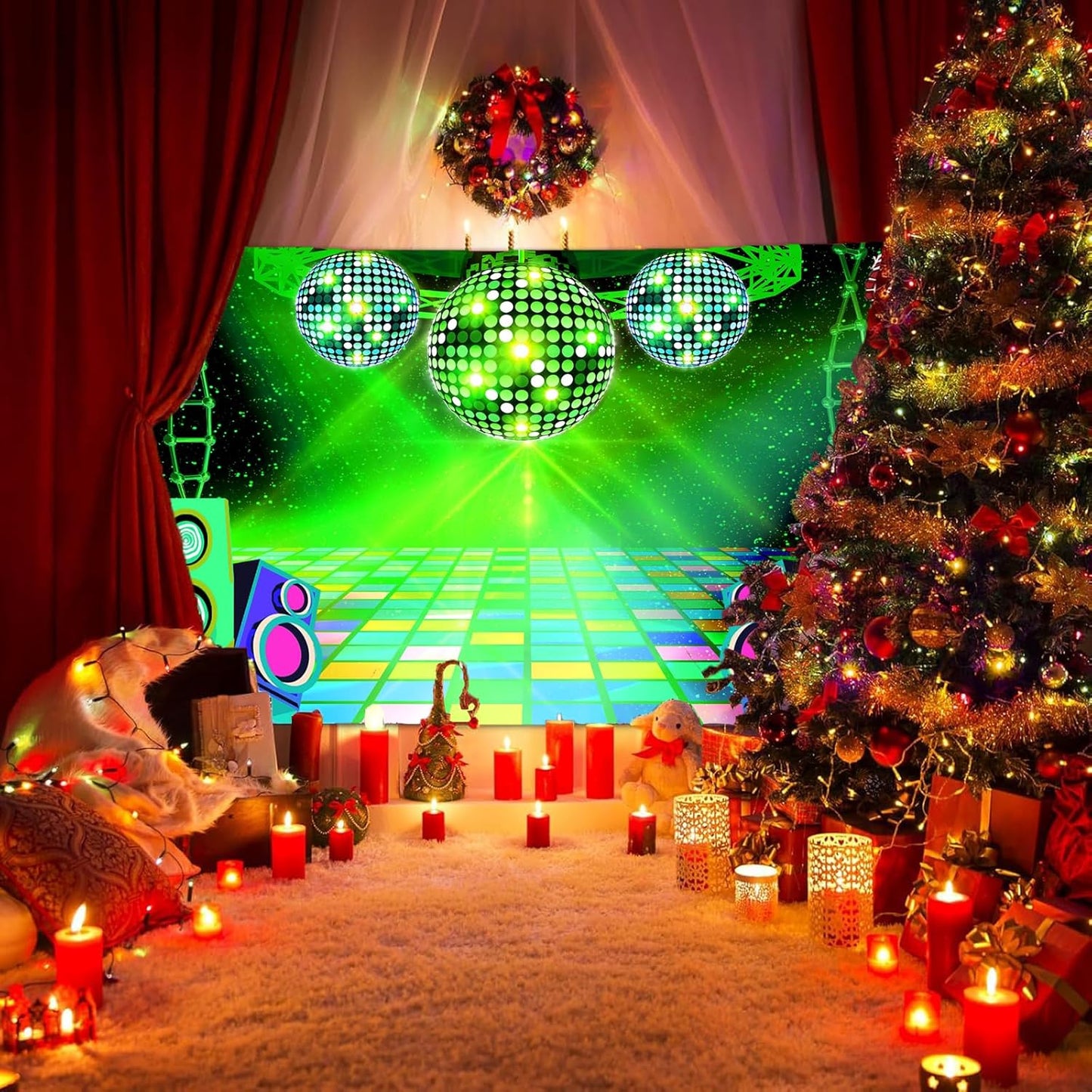 Dance Party Backdrop Retro 80s 90s Theme Stage Dance Ball Music Birthday Party Decoration DJ Photography Background 5 x 3 ft for Baby Shower Picture Photo Shoot Polyester Fabric, Red