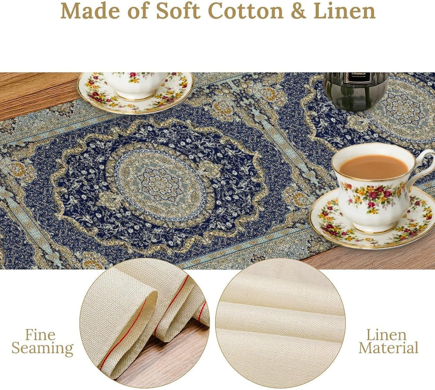 Boho Bohemia Style Blue Teal Table Runner, Country Rustic Farmhouse Magical Abstract Print Pattern for Home Kitchen Table Decor Dining Coffee Room Garden Party Decor 13x108in