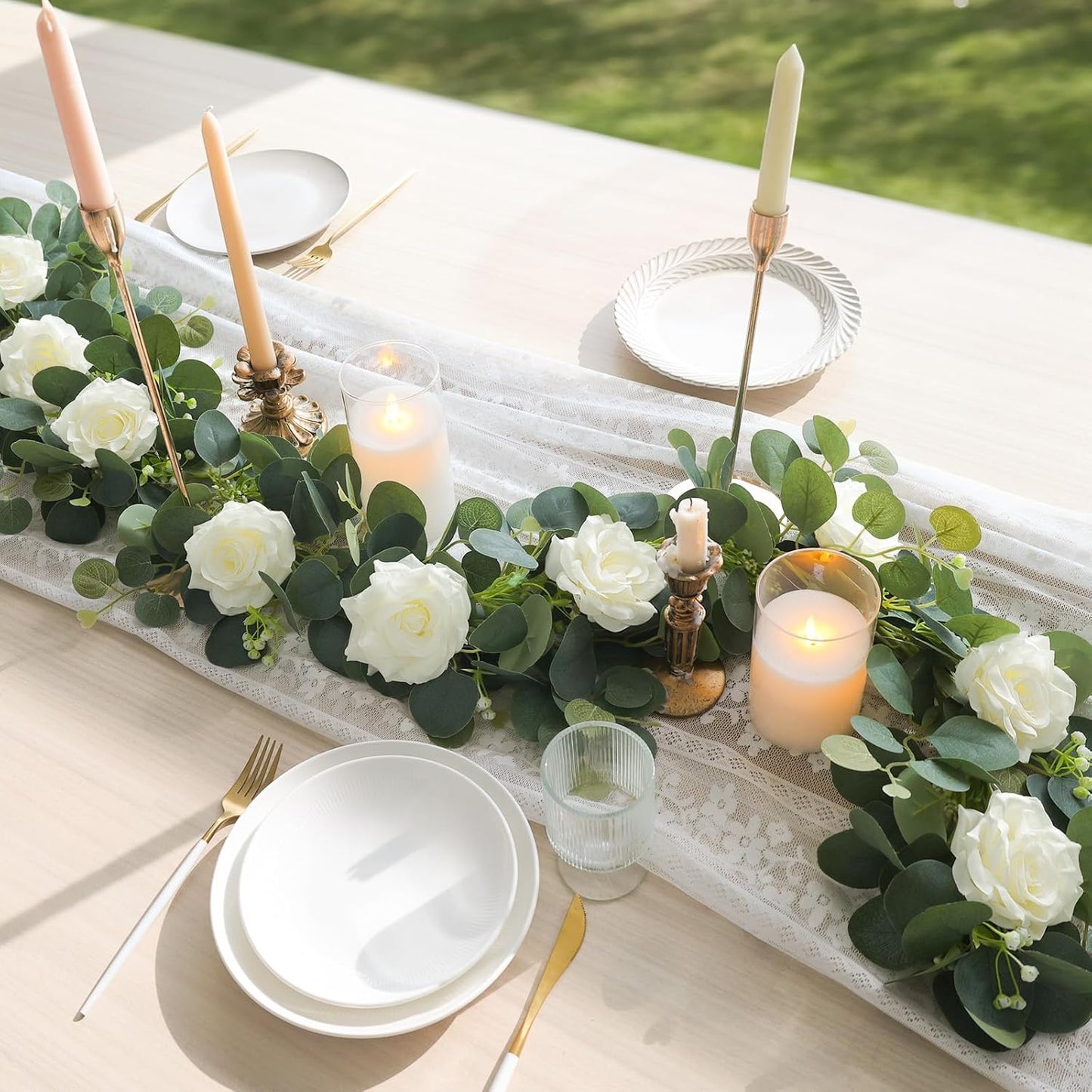 MACTING 2 Pack 13.2FT Flower Garland with 24 White Roses - Spring Gypsophila Eucalyptus Garlands Artificial Floral Greenery Vines for Arch Table Centerpieces Backdrop Party Home Wedding Decorations