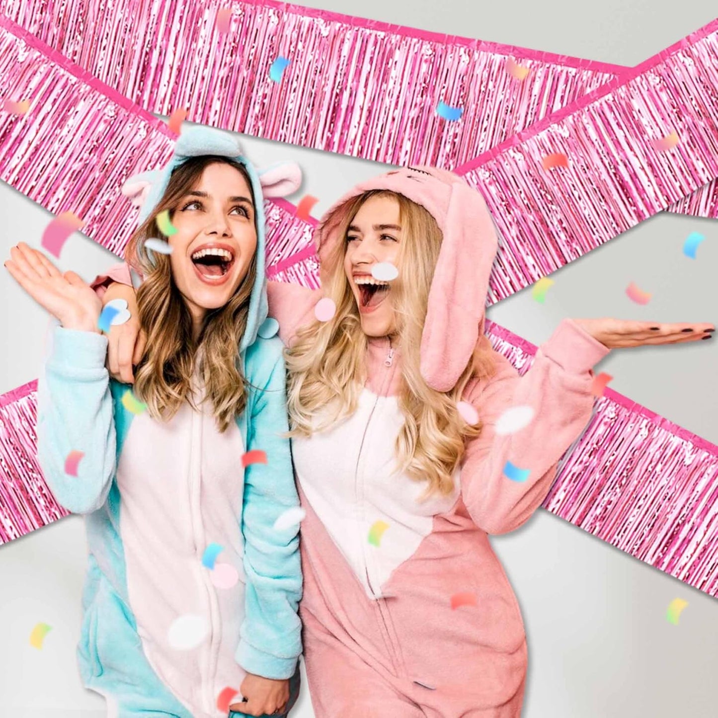 4 Pack 10 Ft Pink Foil Fringe Garland Metallic Streamers Tinsel Banner Wall Hanging Garland Backdrop for Parade Floats, Halloween, Christmas, Thanksgiving, New Year Party Decorations