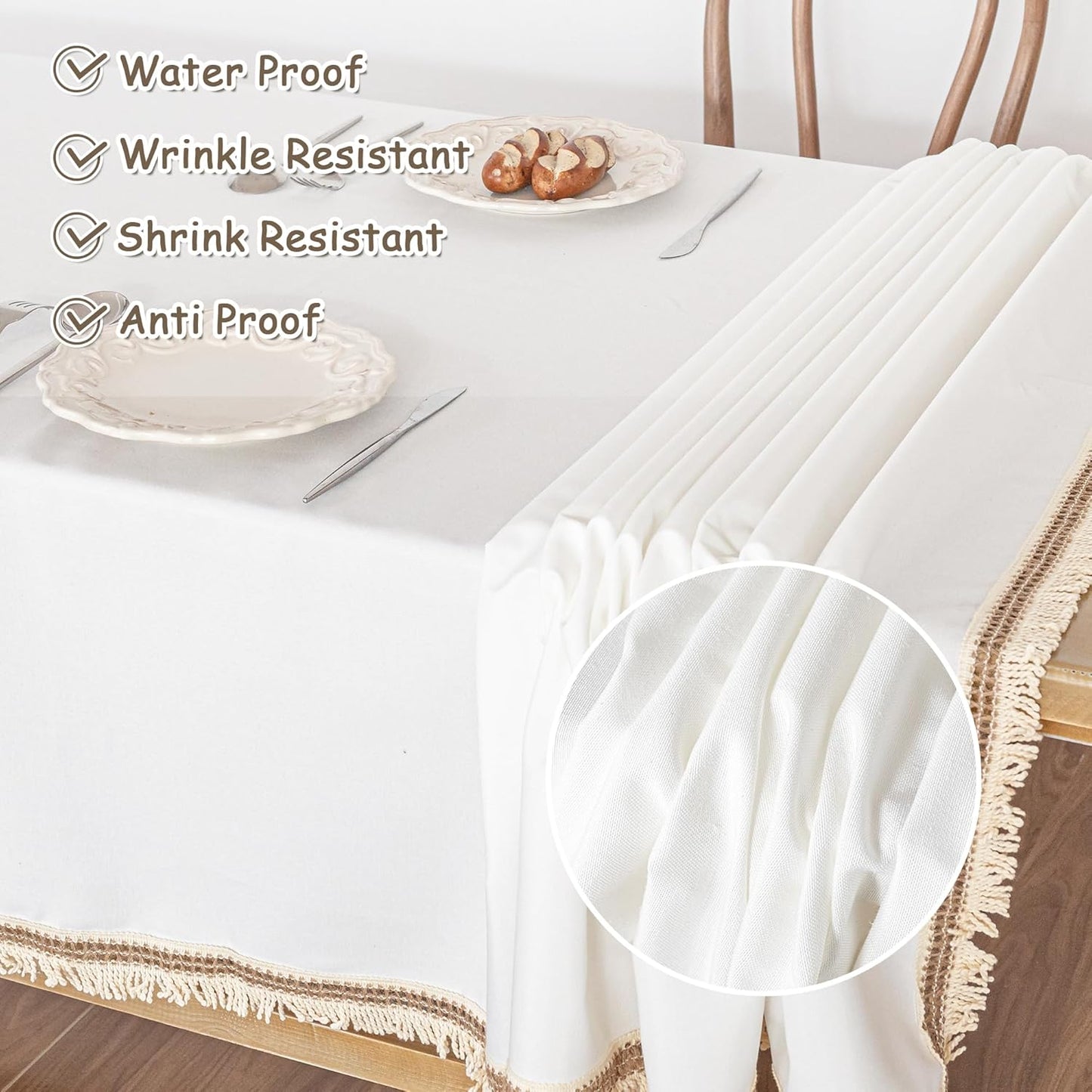 MYSKY HOME Table Cloth, Waterproof Tablecloths for Rectangle Tables, Cotton Rustic Tablecloths, White Table Coths Heavy Duty with Linen Tassels for Kitchen Dining, Party, Holiday, Christmas, 55''x86''