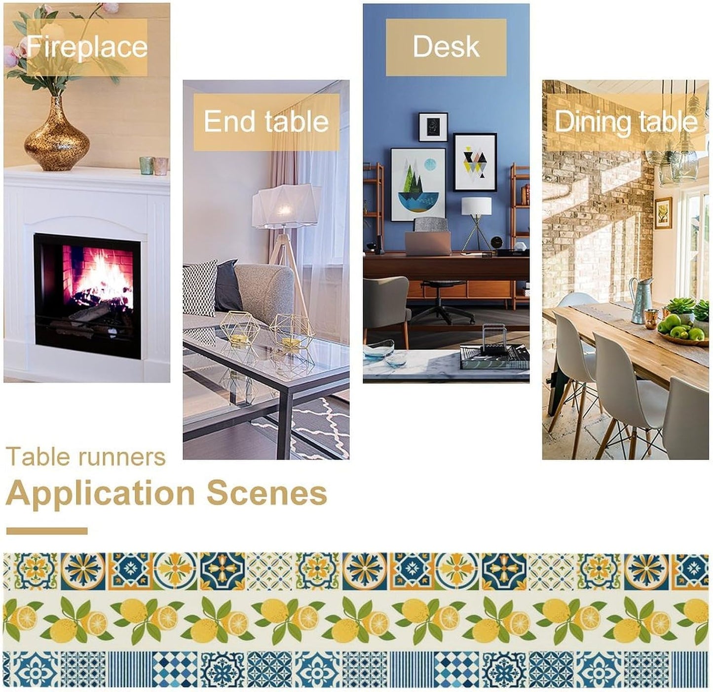 Lemon Table Runner,Watercolor Blue Fruits Green Leaves Print Table Cloth Kitchen Dining Table Home Party Decoration 13x90 Inch