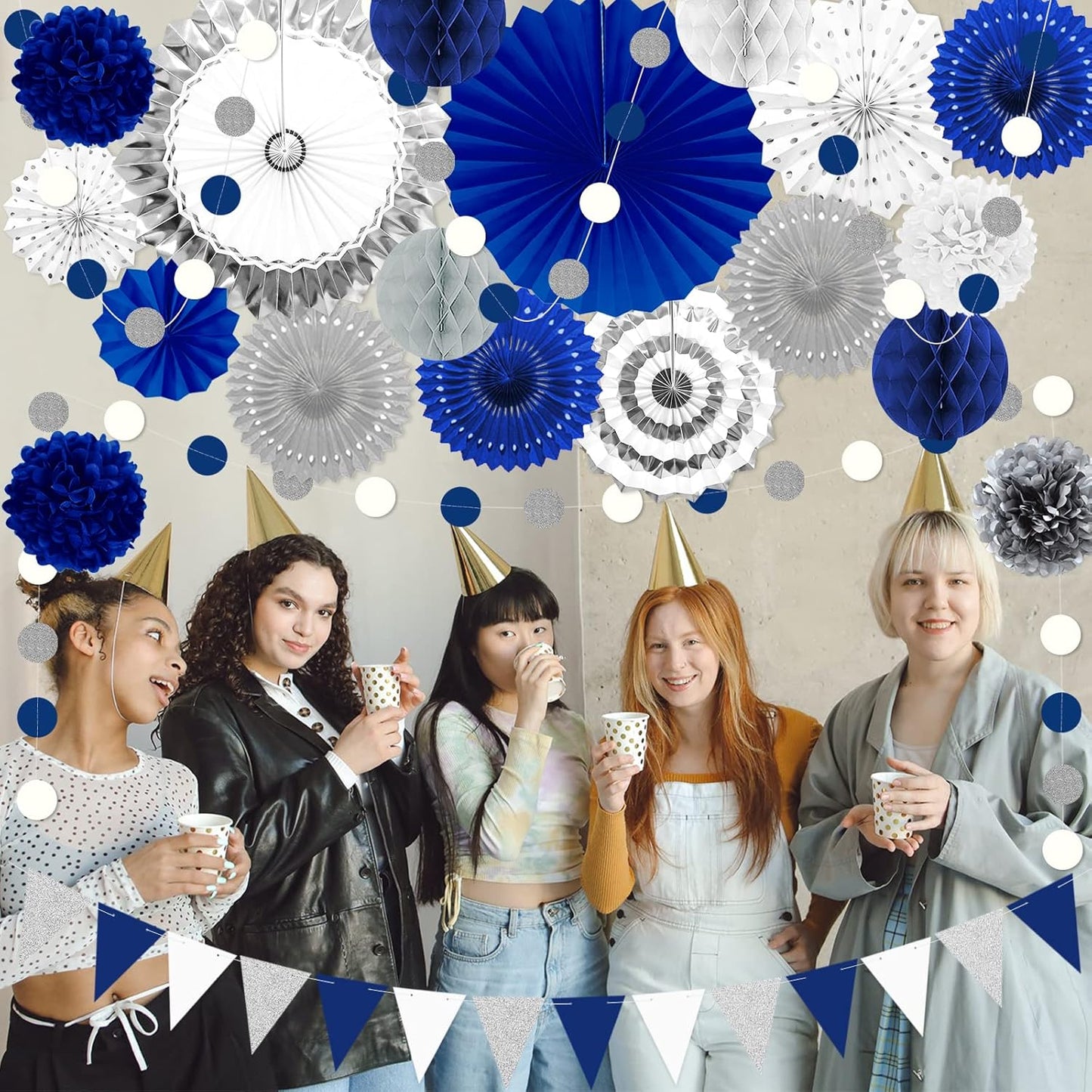 Blue and Sliver Party Decorations, 23Pcs Blue Birthday Decorations with Hanging Paper Fans, Pom Poms Flowers Packs for Graduation Party,Boy Birthday, Baby Shower