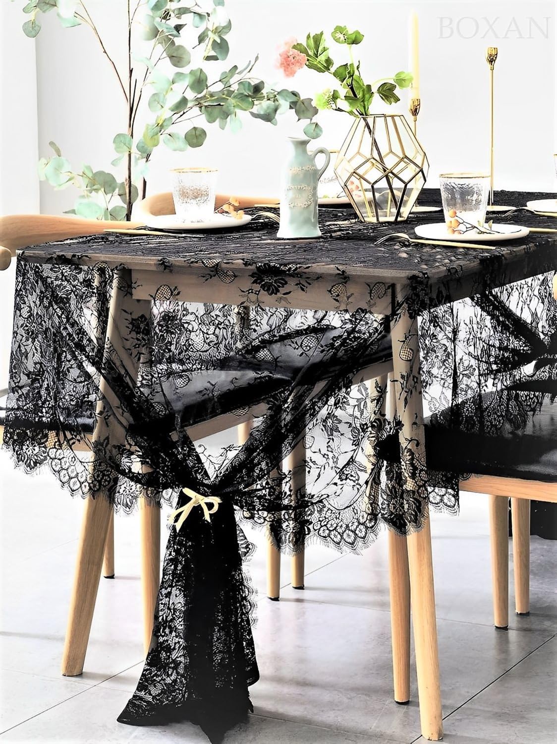 BOXAN Black Lace Tablecloth Overlay Rose Vintage Embroidered, Romantic Boho Wedding Reception Table Decor, Baby & Bridal Shower Décor, Elegant Chic Outdoor Tea Party Tablecover -120" x 60" Rectangular