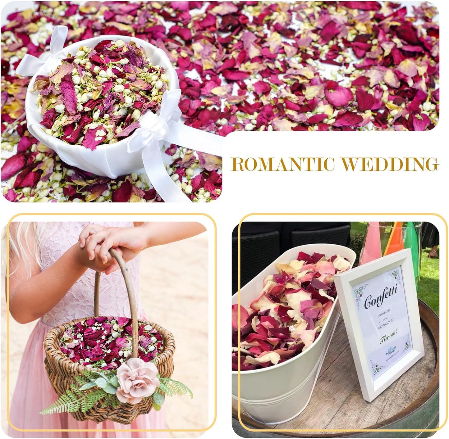 20+ Cups Mix Real Rose Petals Biodegradable Wedding Confetti, 2 QT of Pink Red Flower Jasmine for Ctaft Proposal Party Decor Flower Girls, Bath salt Candle Soap Making