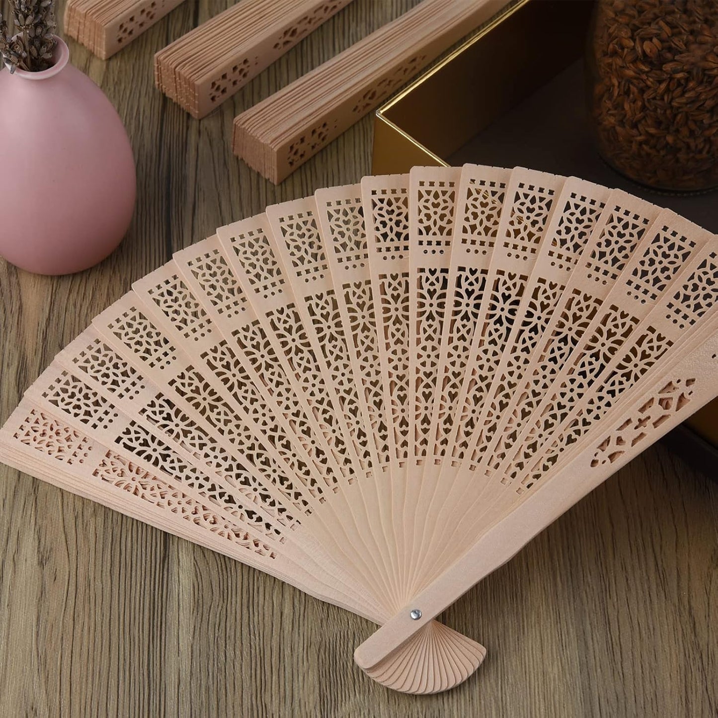 FEPITO 20 Pieces Wooden Handheld Paper Fan Wooden Folding Fans with Bamboos for Wedding Gift, Party, Home