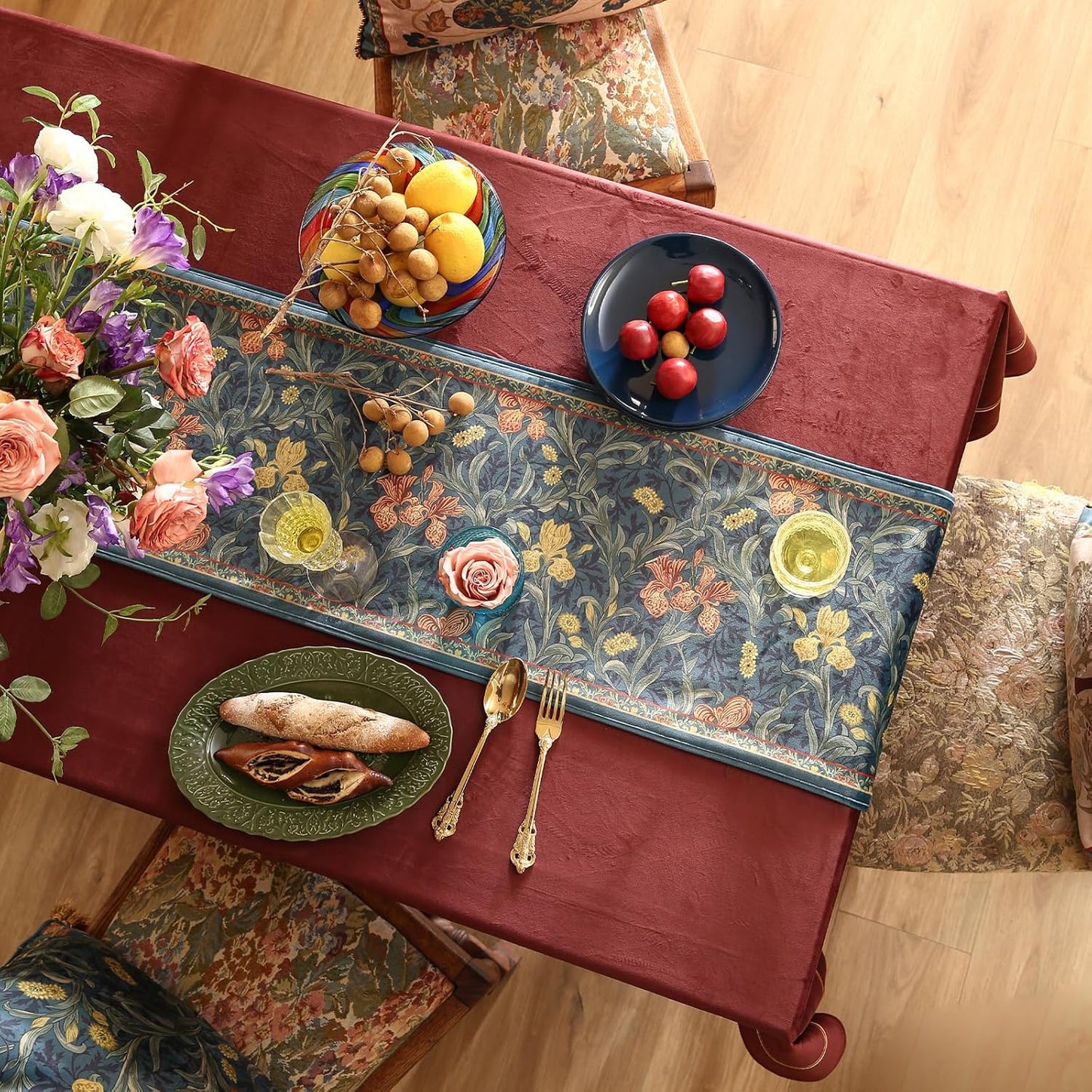 patdrea Designer Casual Wild Floral Velvet Table Runner 87 Inch Long, Dark Blue Occult Bouquets Pattern Table Mat, Decoration for Kitchen Dining Coffee Table Cabinet Banquet Thanksgiving,12"*87"