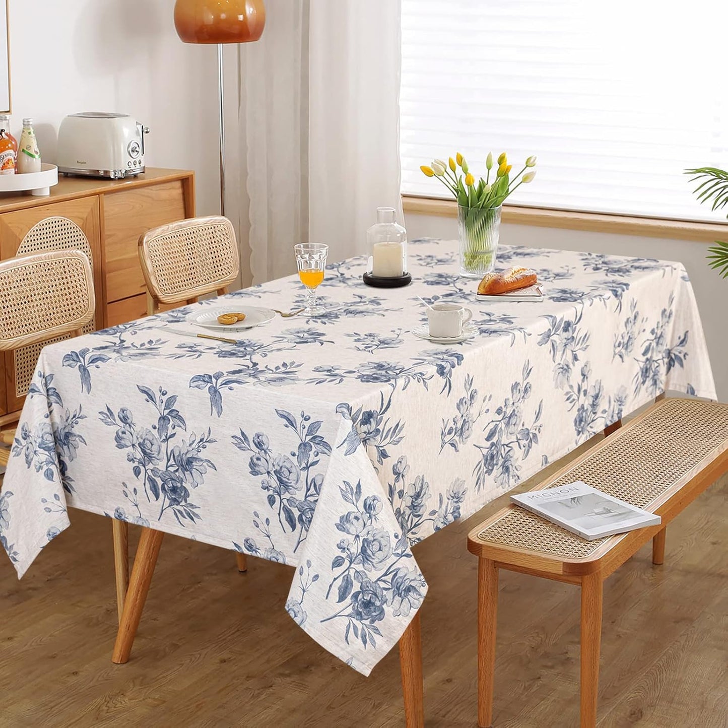 MYSKY HOME Rectangle Tablecloth 60x102 Inches, Linen Farmhouse Tablecloth Waterproof Decorative Fabric Table Cloth for Kitchen Party Floral Tablecloth for 6 Feet Table Blue and Grey Tablecloth