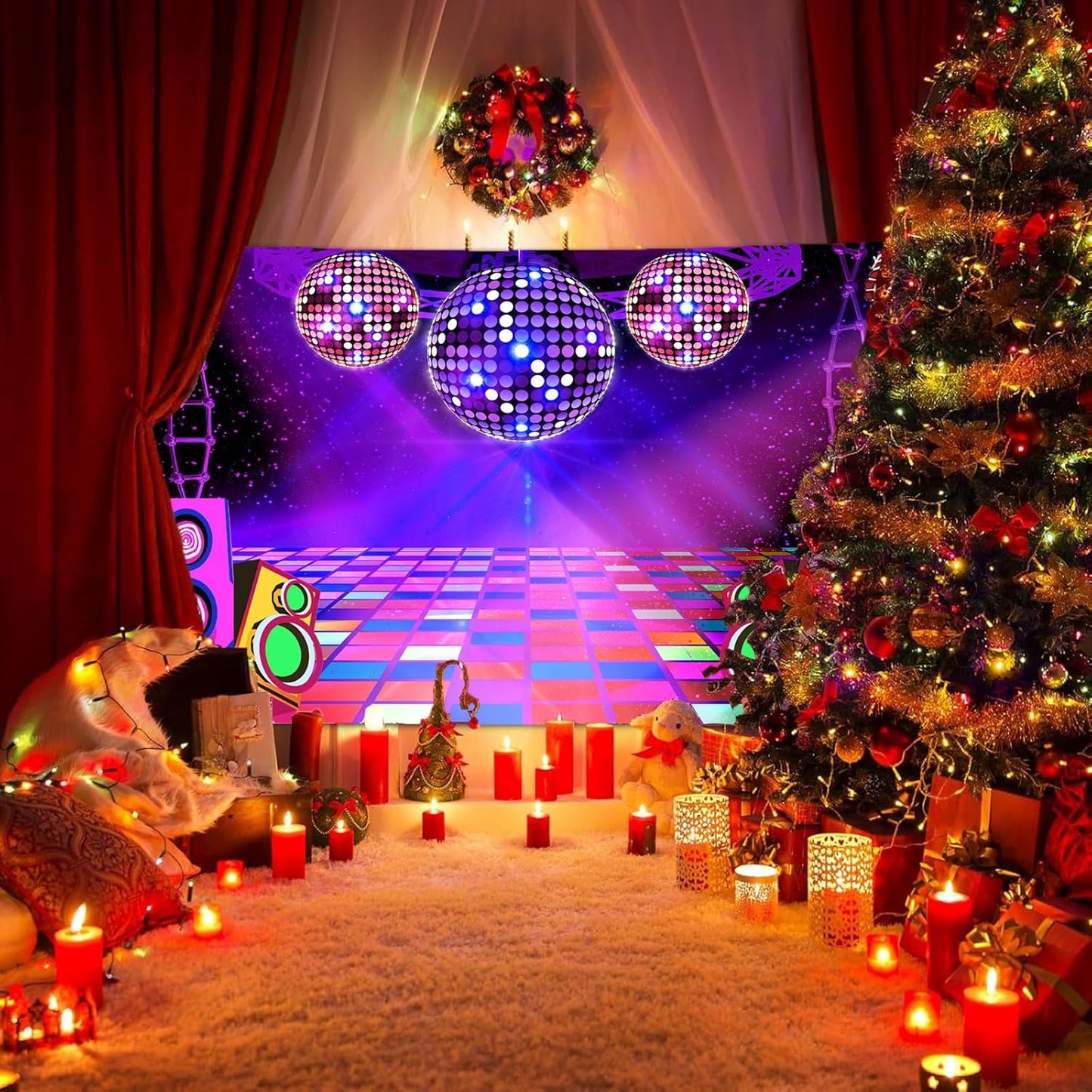 Dance Party Backdrop Retro 80s 90s Theme Stage Dance Ball Music Birthday Party Decoration DJ Photography Background 8 x 6 ft for Baby Shower Picture Photo Shoot Polyester Fabric, Red