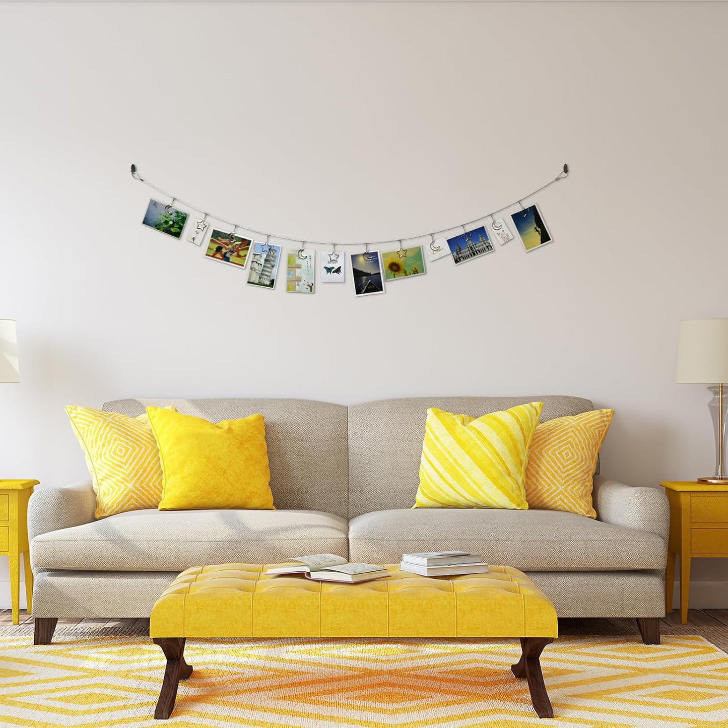 2 Pack Chain Photo Clip Hanging Photo Display Wall Photo Display Metal Photo String with 12 Clips Wall-Mounted Picture Holder for Hanging Painting Family Photos Artworks (Silver-Star and Moon)