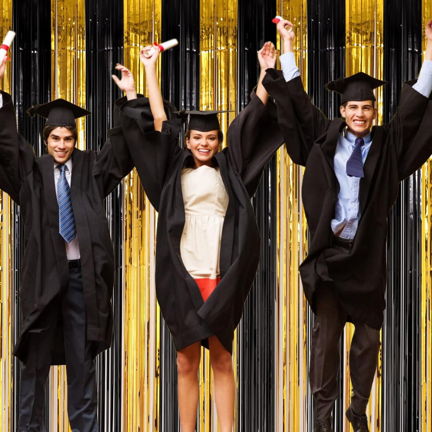 4 Pack Black and Gold Foil Fringe Backdrop Curtains, Tinsel Streamers Birthday Party Decorations, Fringe Backdrop for Graduation, Baby Shower, Gender Reveal, Disco Party