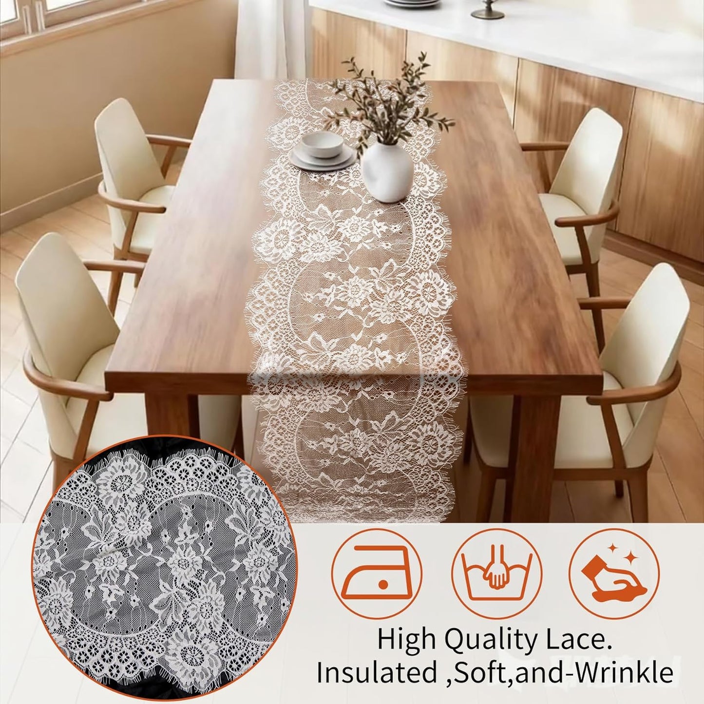 3 Pcs White Lace Table Runners 14 x 120 Inch Boho Rose Embroidered Floral Vintage Rustic Table Decoration for Wedding Party Bridal Shower Decorations