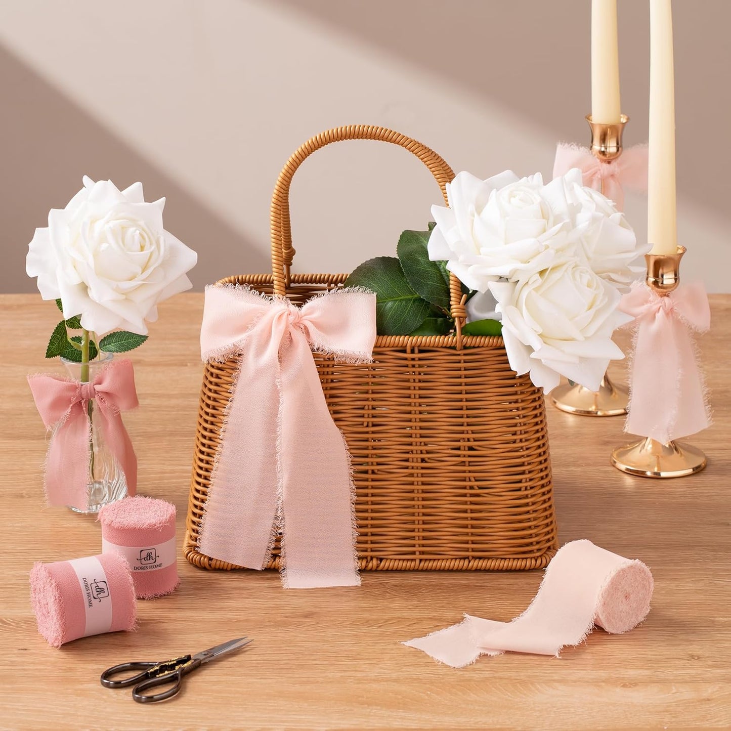 DORIS HOME Dusty Rose Chiffon Ribbon for Flower Bouquet, 2" x21Yd Fabric Ribbon for Gift Wrapping, Handmade Frayed Ribbon for Wedding, Chiffon Silk Ribbon for Christmas Decorations