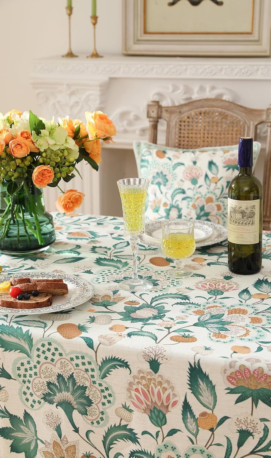 patdrea Designer Green Rectangle Table Cloth,Vintage Italian Floral Country Linen Breathable Tablecloth,Decor Cover for Kitchen Dining,Christmas,Tea Party,Thanksgiving,63"x87"-Tree Life