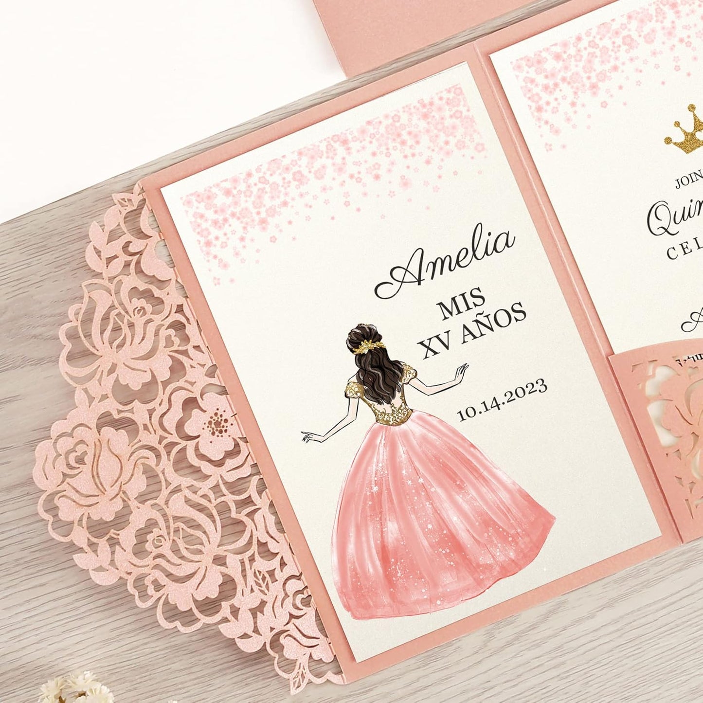 DORIS HOME 50pcs Laser Cut Quinceanera Invitations Pink, 4.7x7.1 Personalized Quince Invitations for 15th Birthday, Invitation cards for Sweet 16 with Envelopes