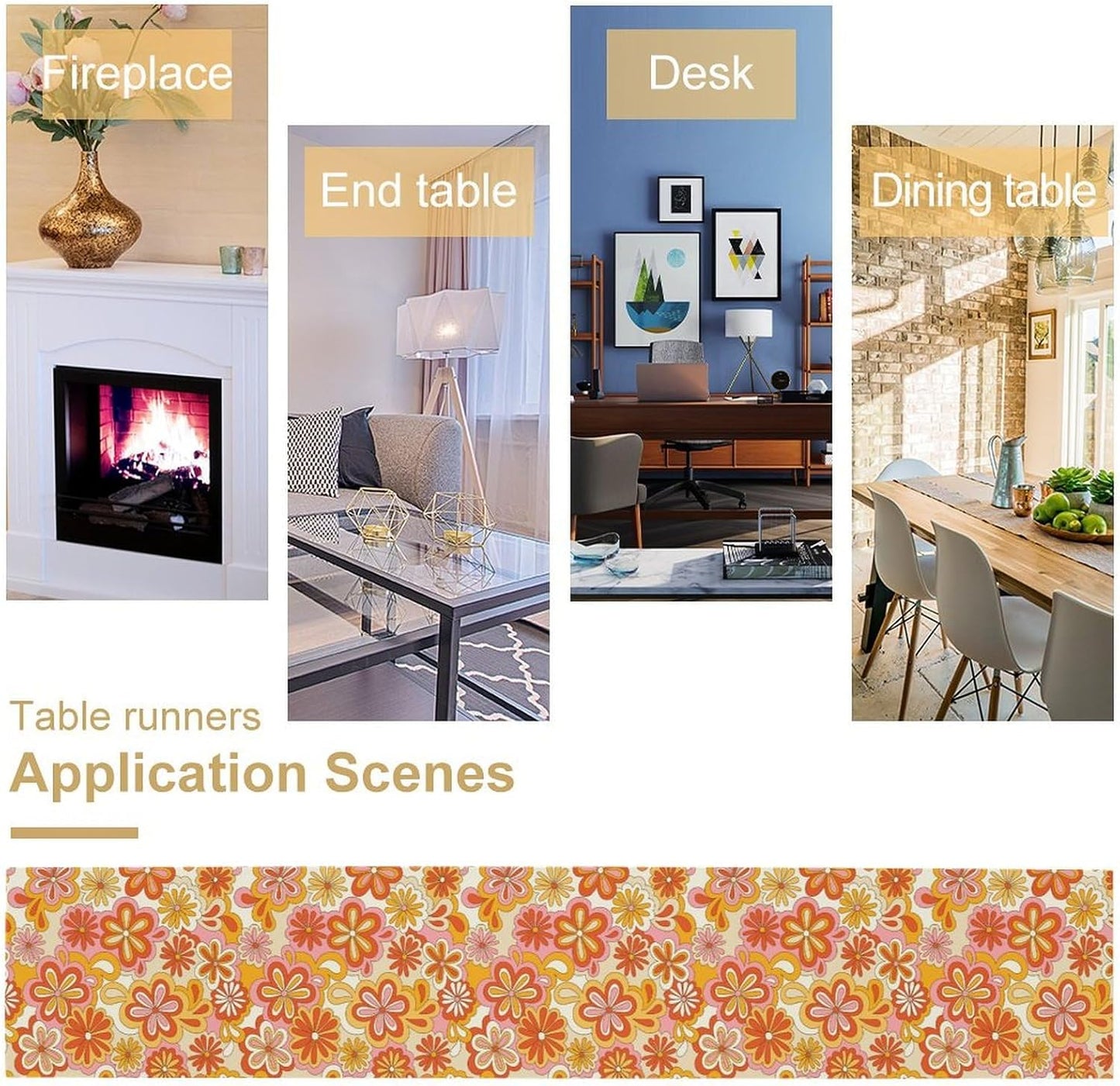 Vintage Floral Table Runner,70s Style Retro Daisies Flower Hippie Table Runner for Kitchen Dining Table Home Party Decoration 13x60 Inch