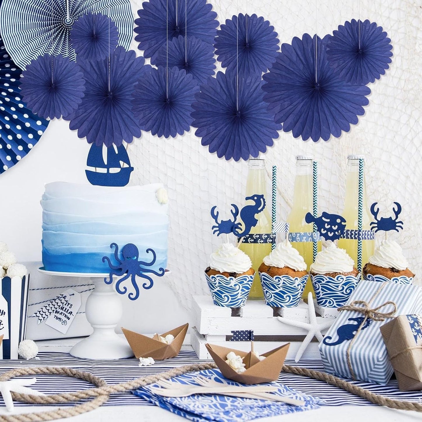 20 Pcs Blue Hanging Paper Fan, Hanging Honeycomb Round Paper Fans for Weddings, Birthdays, Christmas, Baby Showers, Classroom, Events Ceiling Party Supplies Decorations