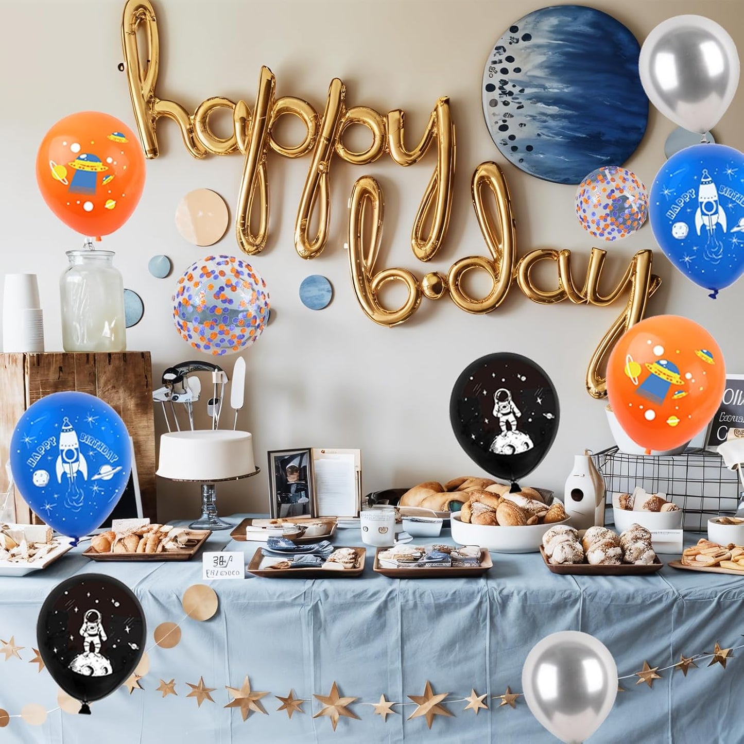 Space Balloons, 12 Inch Blue Black Orange Metallic Silver Confetti Balloons for Boy Space Themed Birthday UFO Party Decorations Baby Shower Graduation Supplies