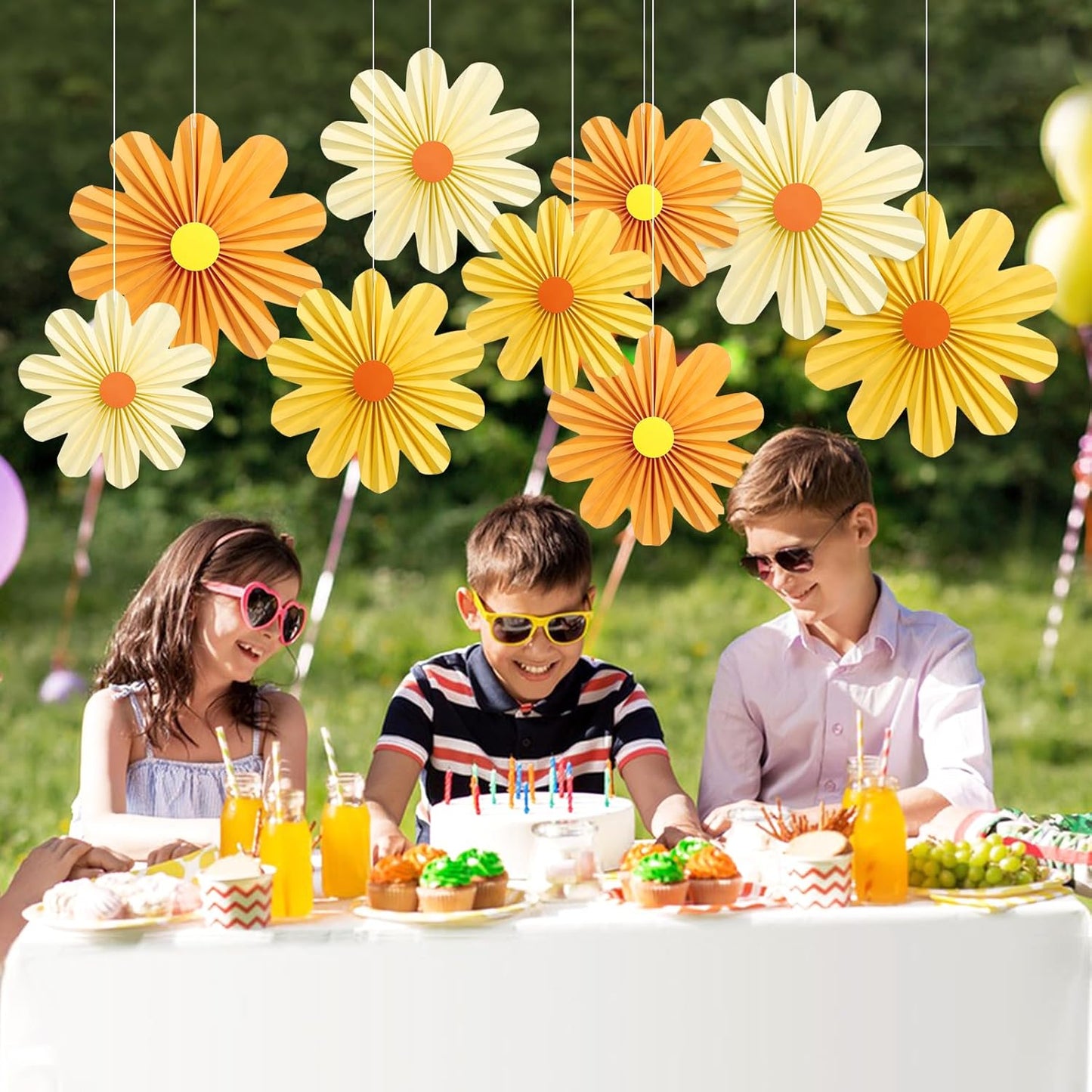 SUNBEAUTY 9 PCS Orange Paper Flowers Decorations for Wall Paper Fans Daisy Decoration Paper Floral Backdrop Decor Paper Fans Decoration