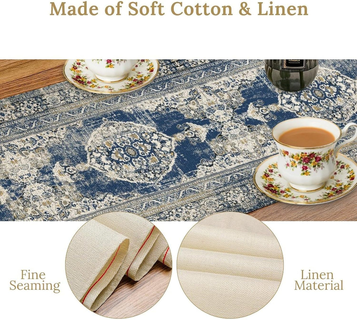 Vintage Boho Floral Table Runner, Rustic Country Farmhouse Blue Teal Retro Flower Pattern for Home Kitchen Table Decor Dining Coffee Room Party Decor 13x90in