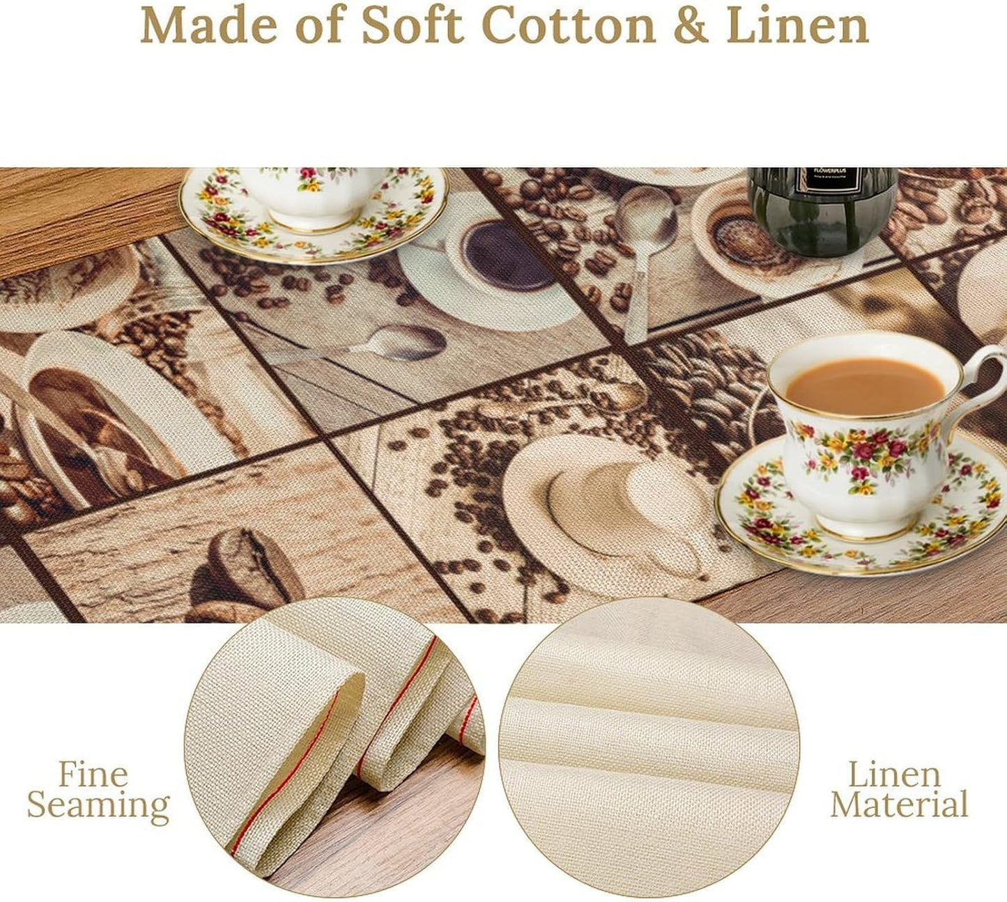 Coffee Theme Table Runner, Rustic Farmhouse Coffee Cup Latte Cappuccino Tea Party Cafe Table Center Decor for Home Kitchen Dining Patio Holiday Party Indoor Outdoor Table Decorations, 13"x90" Inch